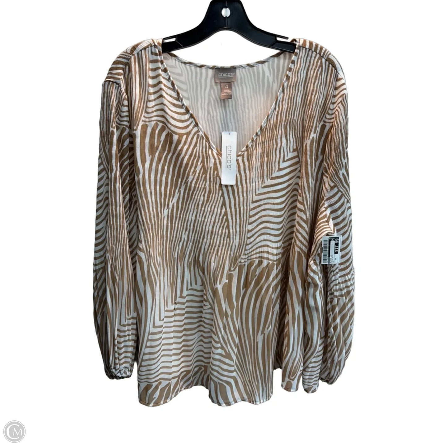 Blouse Long Sleeve By Chicos In Tan & White, Size: 2x