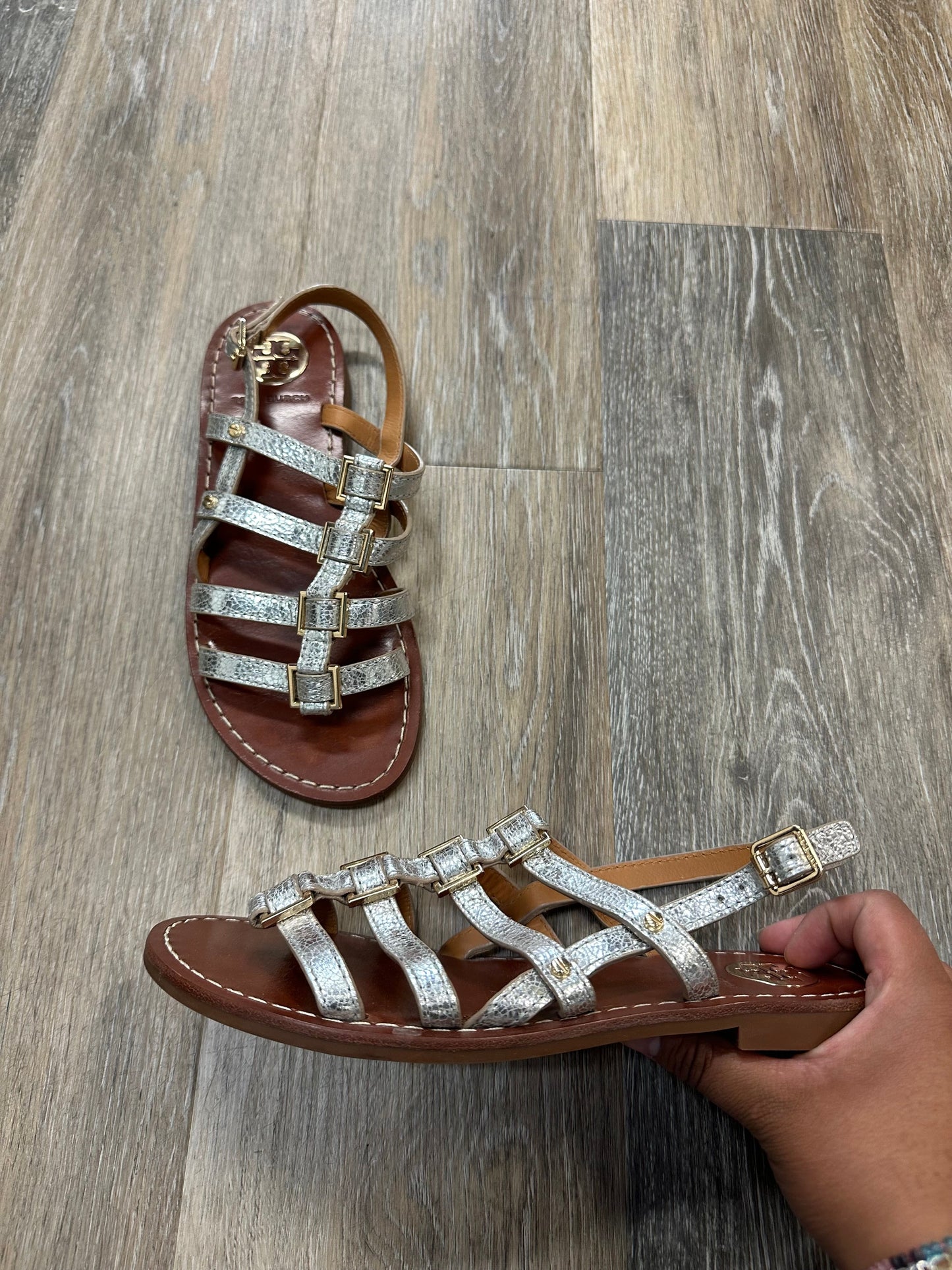 Silver Sandals Designer Tory Burch, Size 6.5