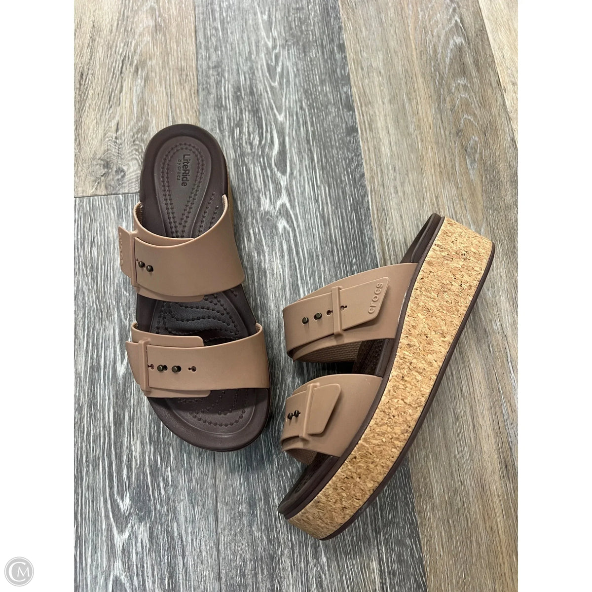 Sandals Flats By Crocs In Brown, Size: 9