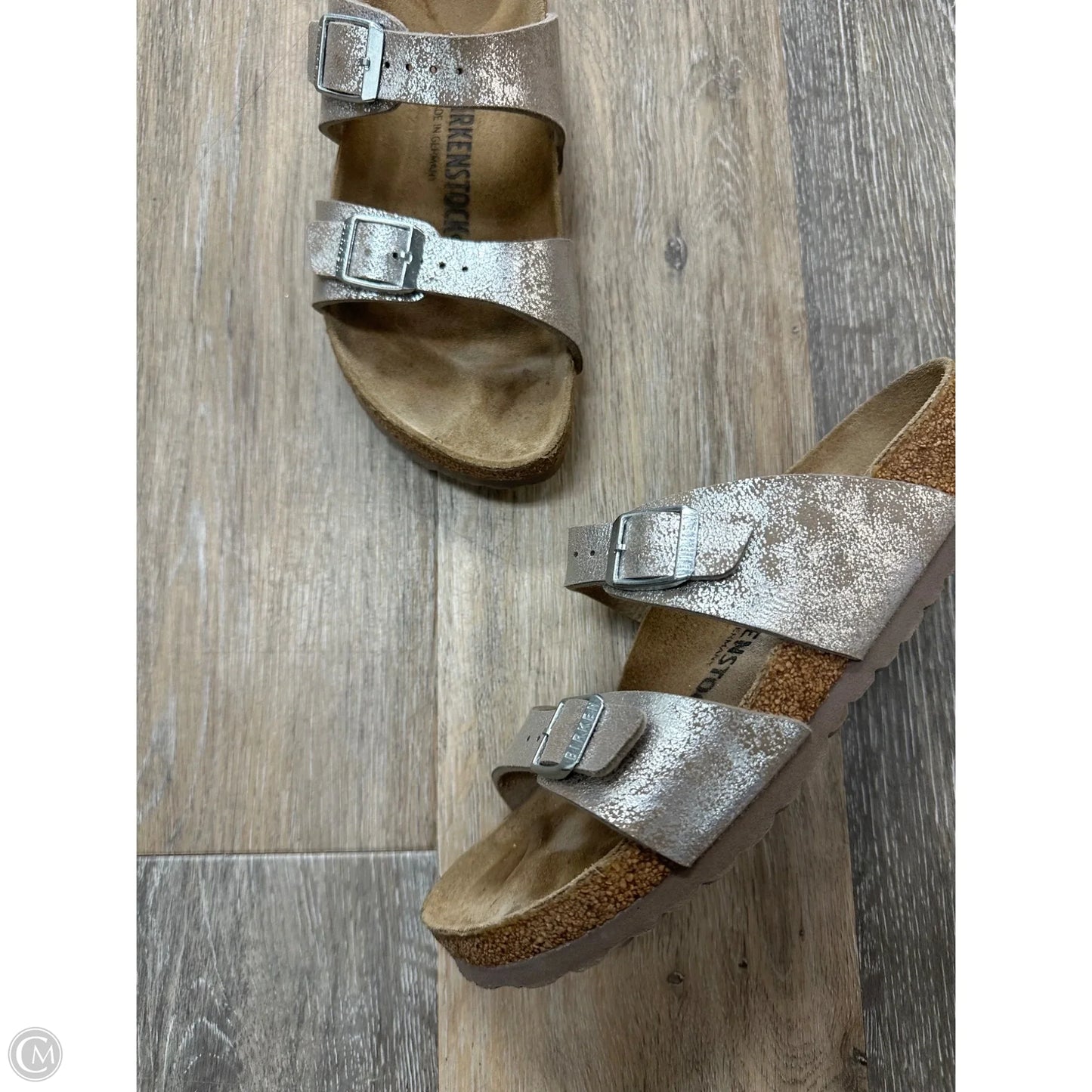 Sandals Flats By Birkenstock In Silver, Size: 7