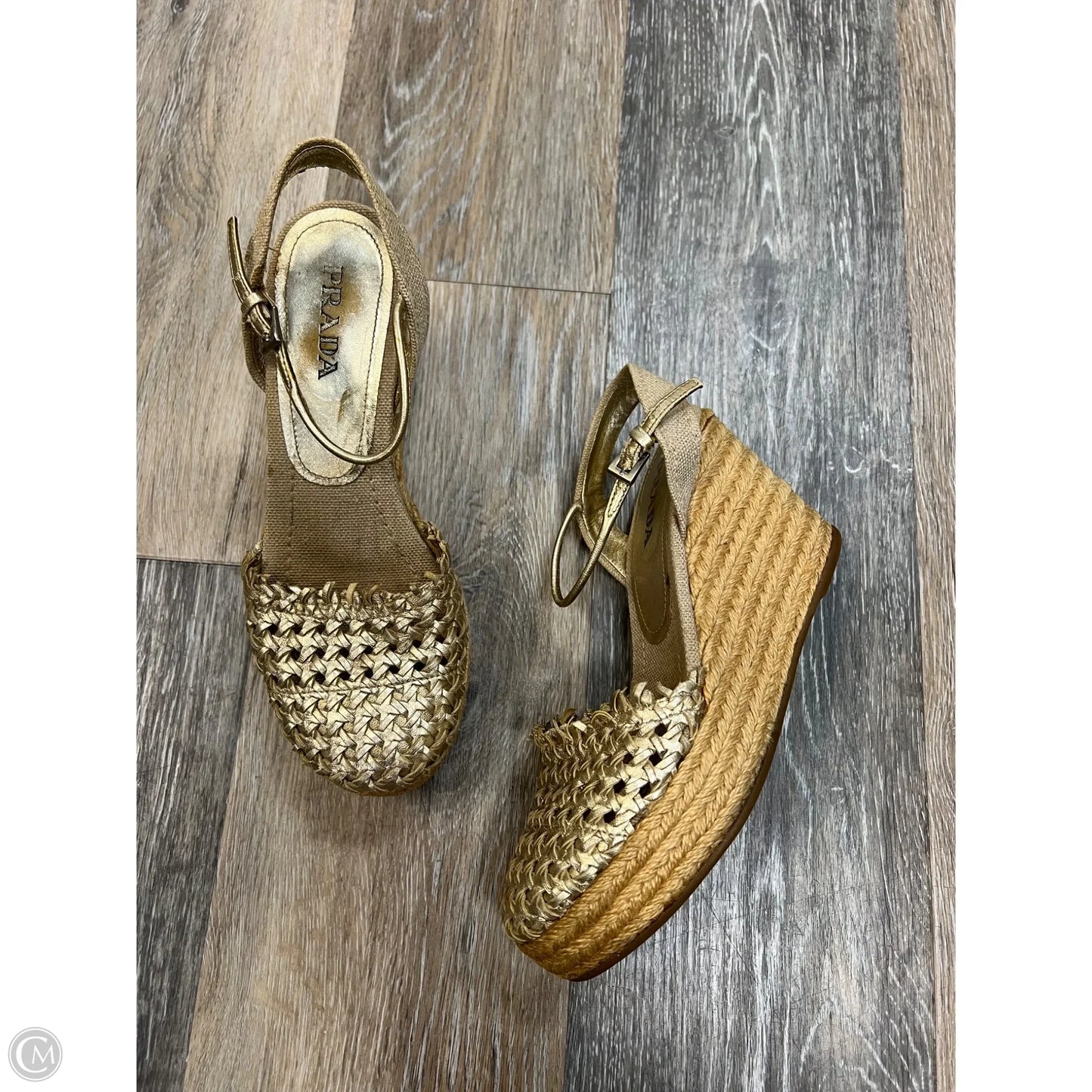 Shoes Luxury Designer By Prada In Gold, Size: 6