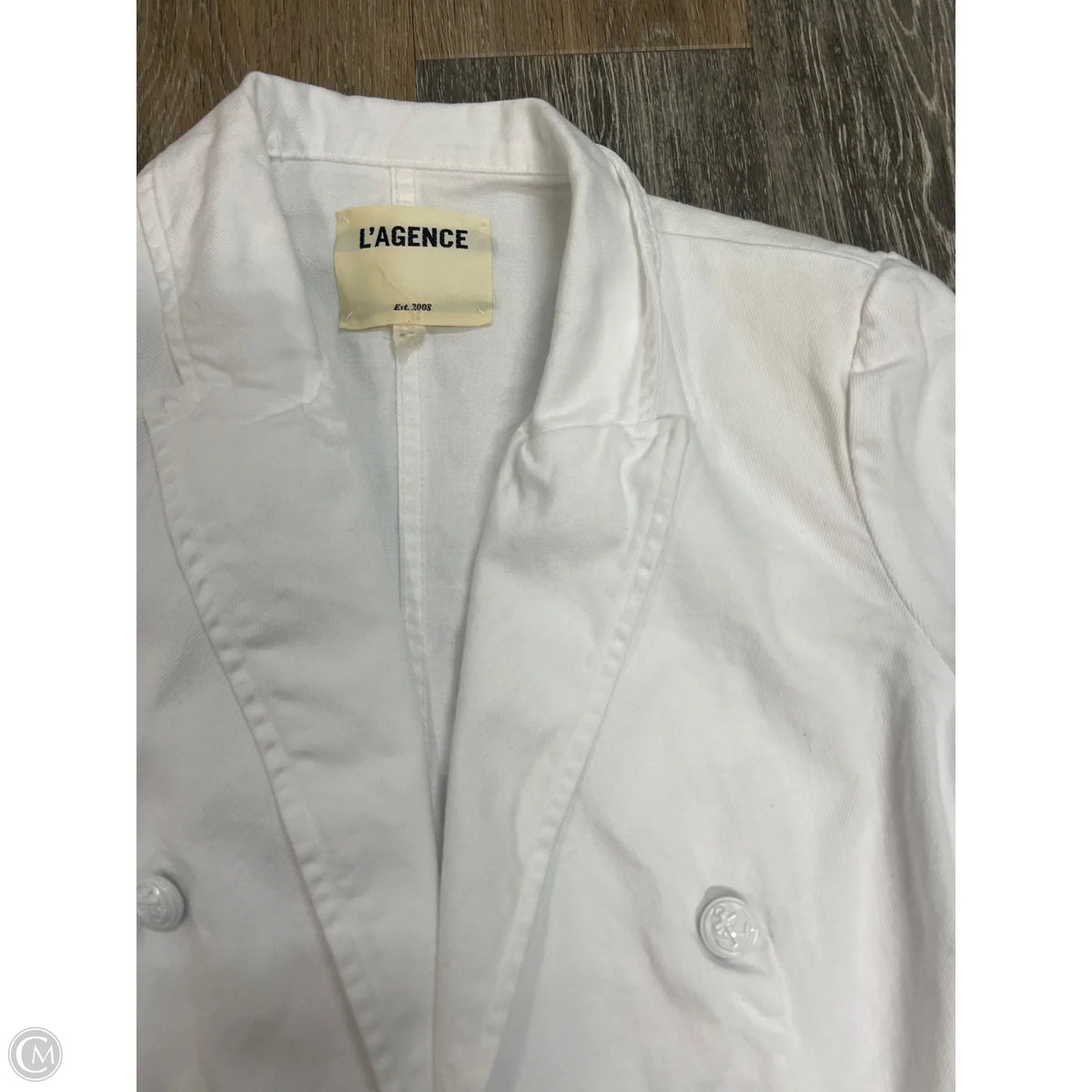 Blazer Denim Designer By L Agence In White, Size: S