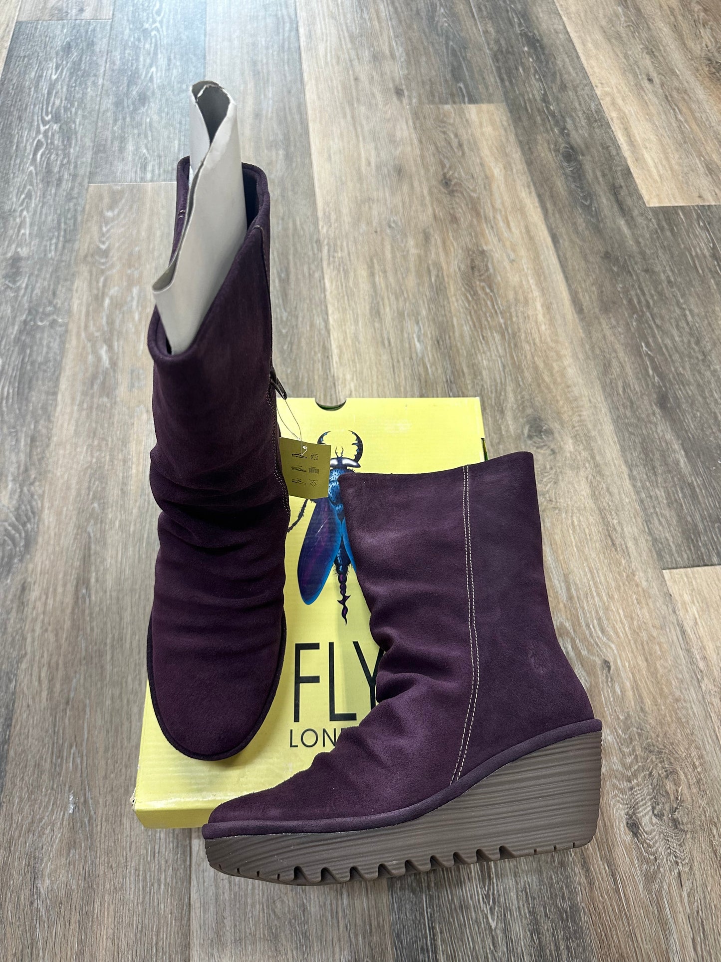 Purple Boots Ankle Heels Fly London, Size 8.5