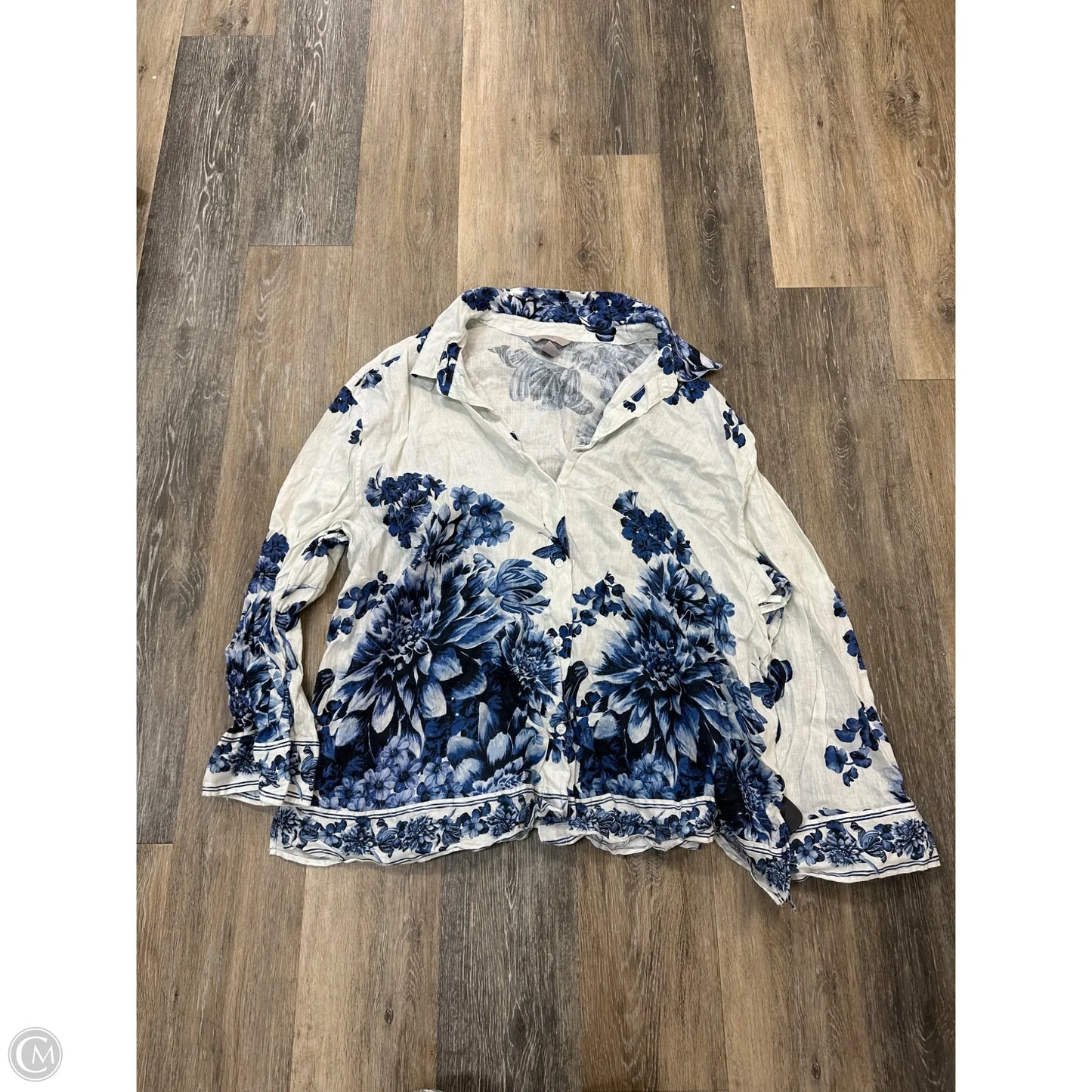 Blouse Long Sleeve By H&m In Blue & White, Size: Xxl