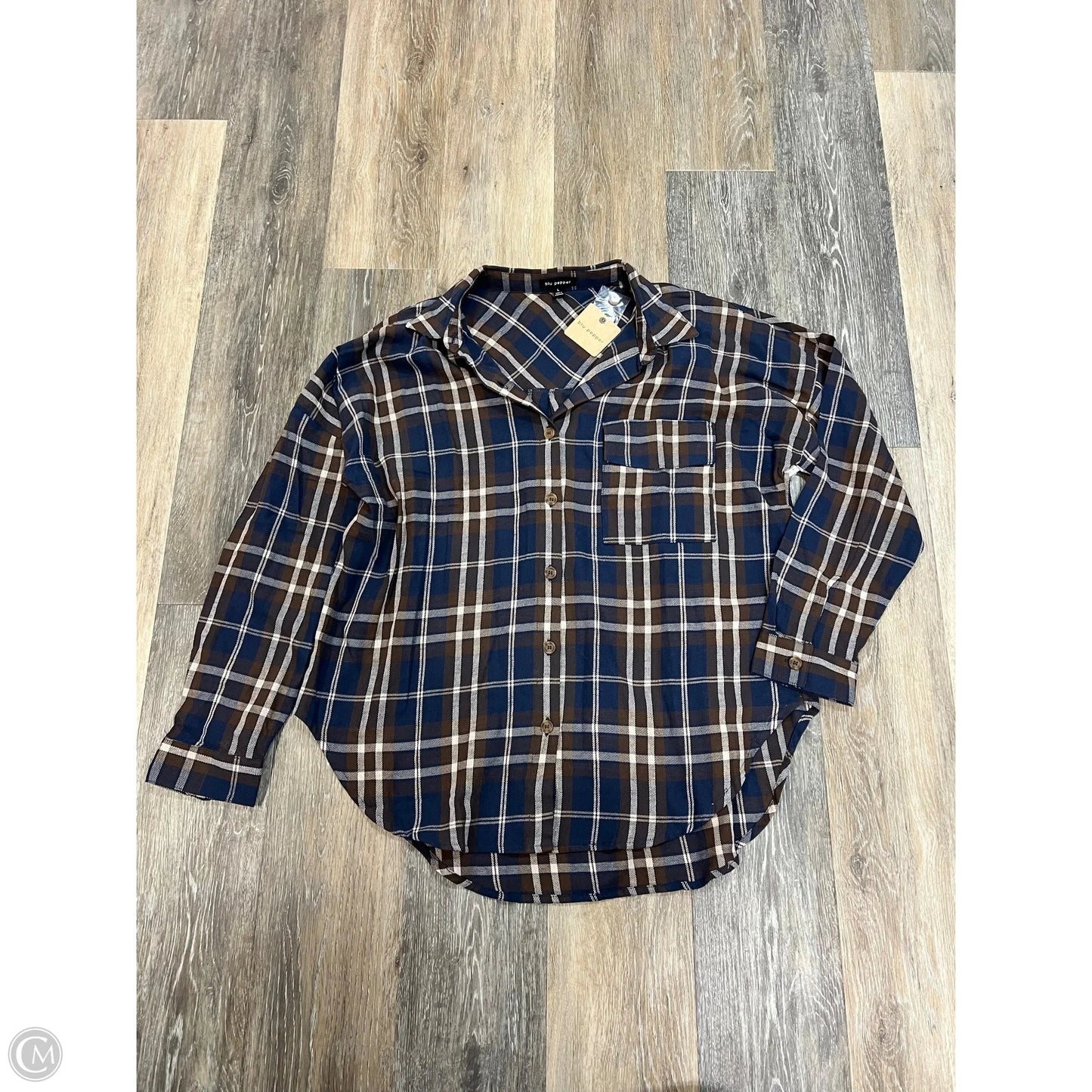 Blouse Long Sleeve By Blu Pepper In Plaid Pattern, Size: L