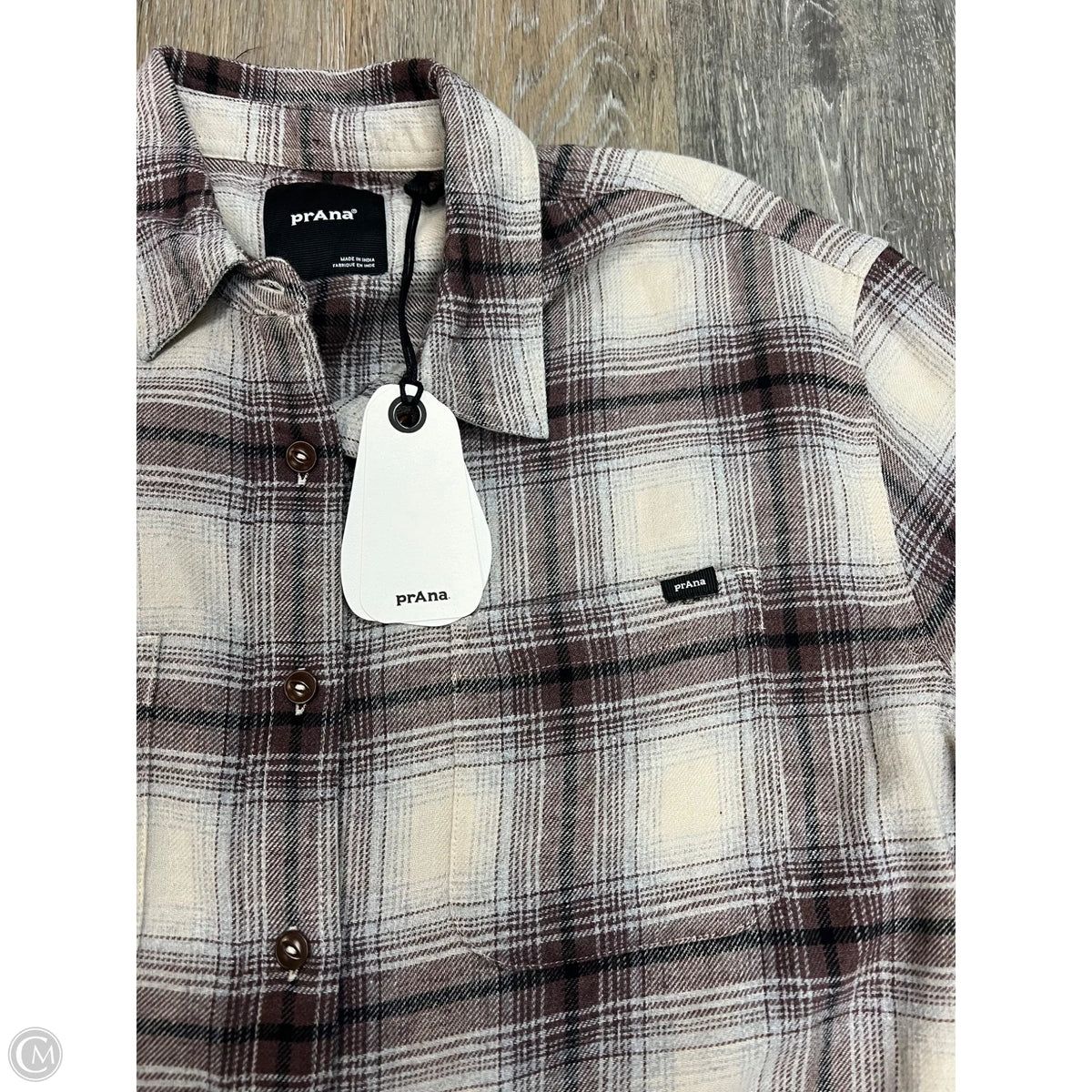 Blouse Long Sleeve By Prana In Plaid Pattern, Size: S