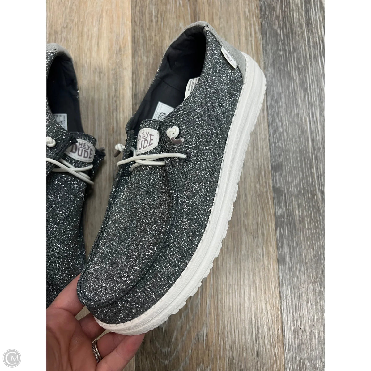 Shoes Flats By Hey Dude In Silver, Size: 9