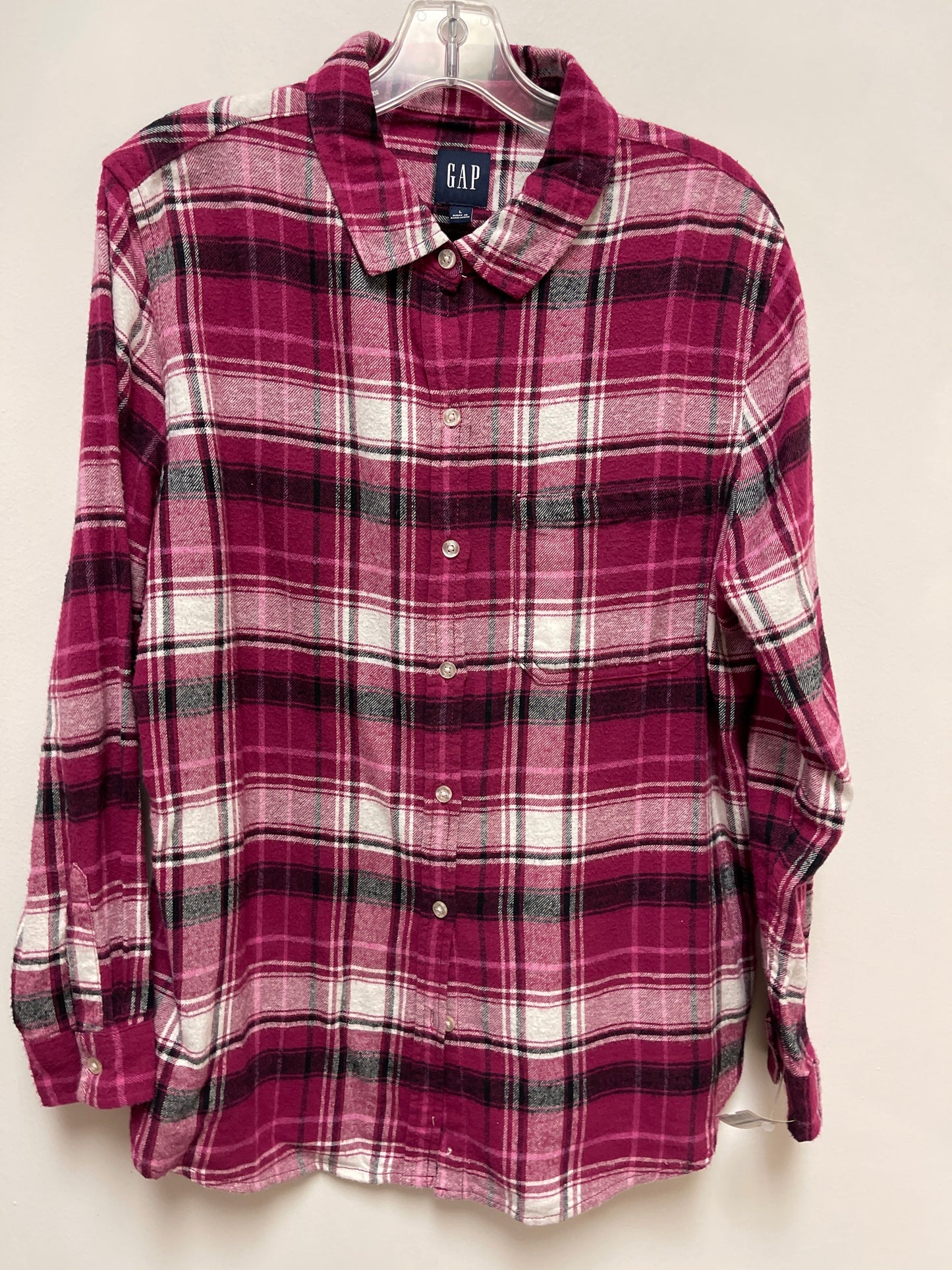 Blouse Long Sleeve By Gap In Plaid Pattern, Size: L