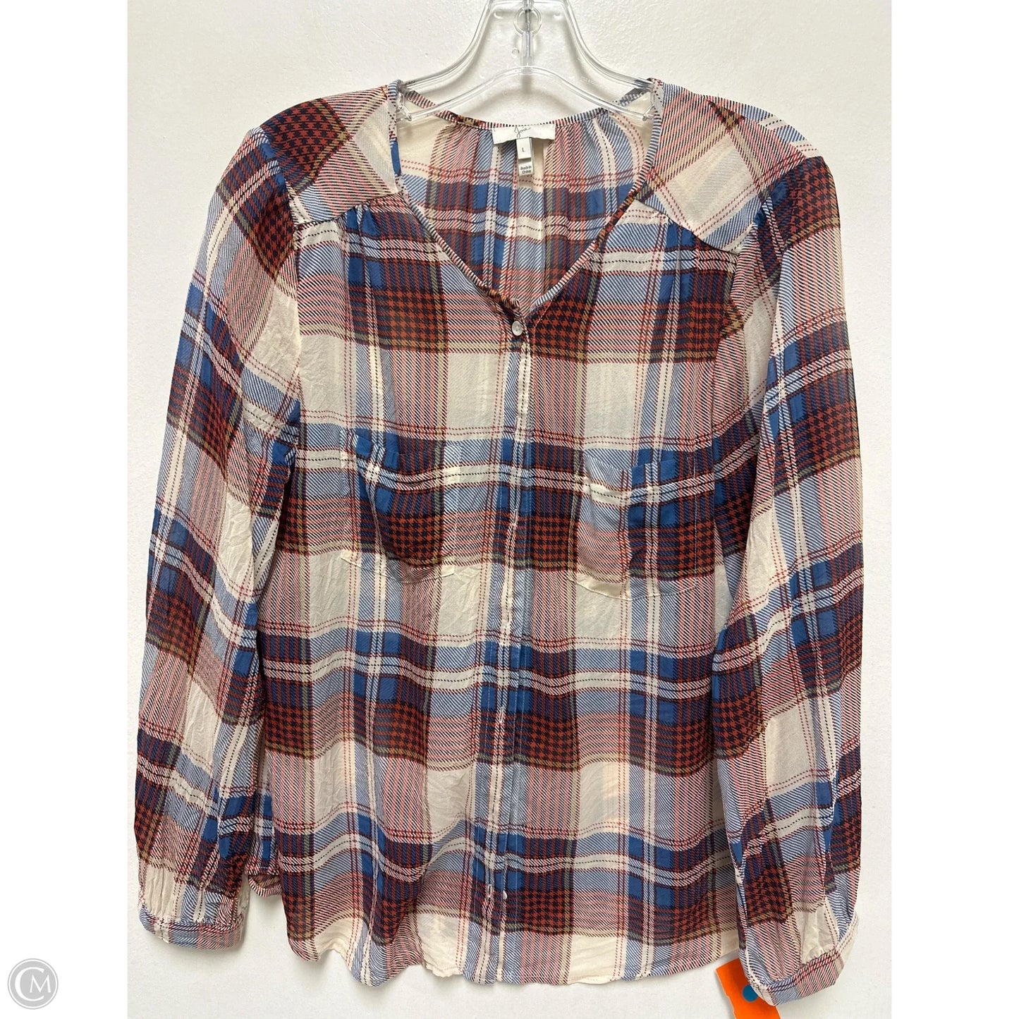 Blouse Long Sleeve By Joie In Plaid Pattern, Size: L