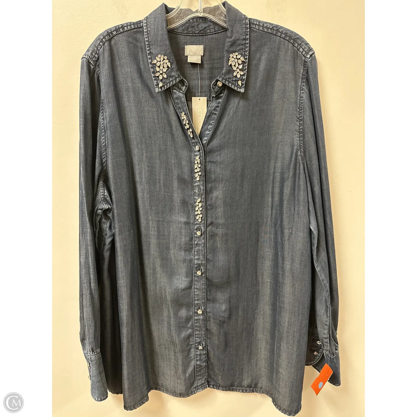 Blouse Long Sleeve By Chicos In Blue Denim, Size: Xl