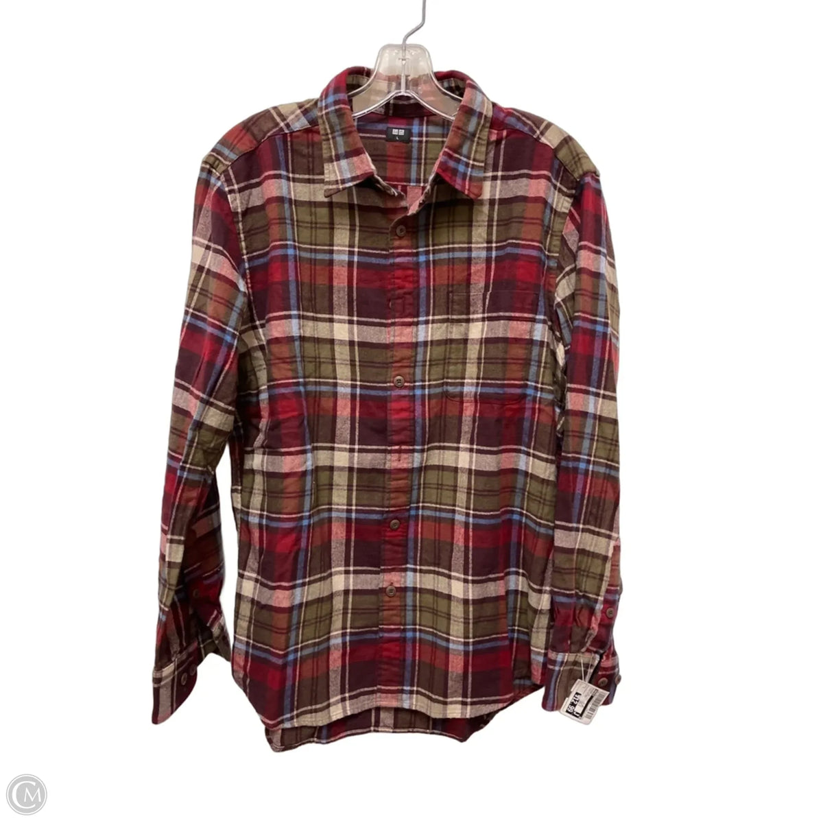 Blouse Long Sleeve By Uniqlo In Plaid Pattern, Size: L