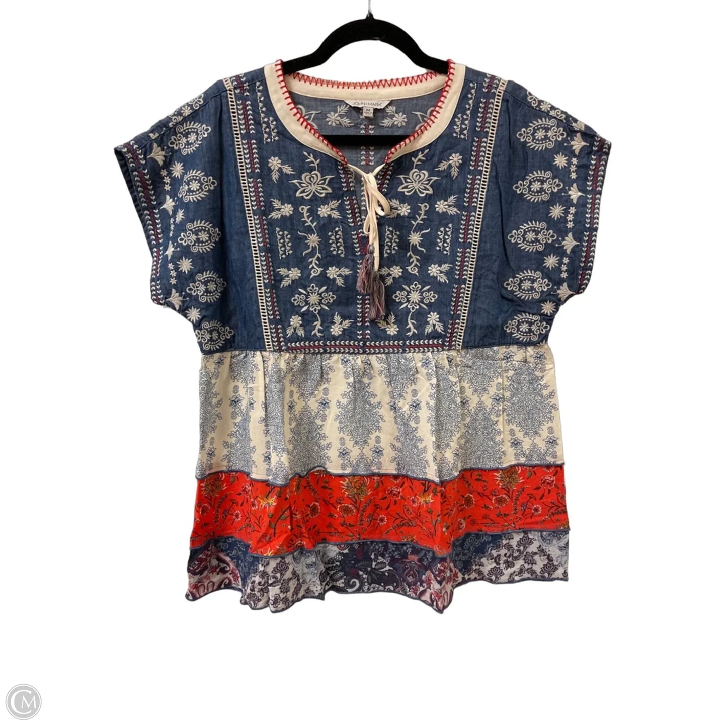 Blouse Sleeveless By John Mark In Blue & Cream, Size: M