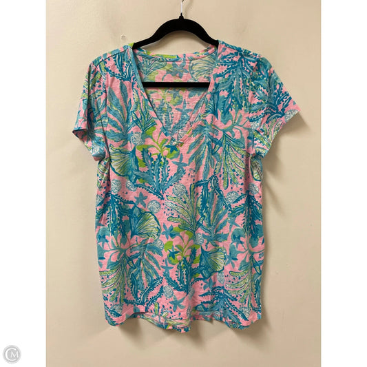Top Short Sleeve Designer By Lilly Pulitzer In Blue & Pink, Size: L