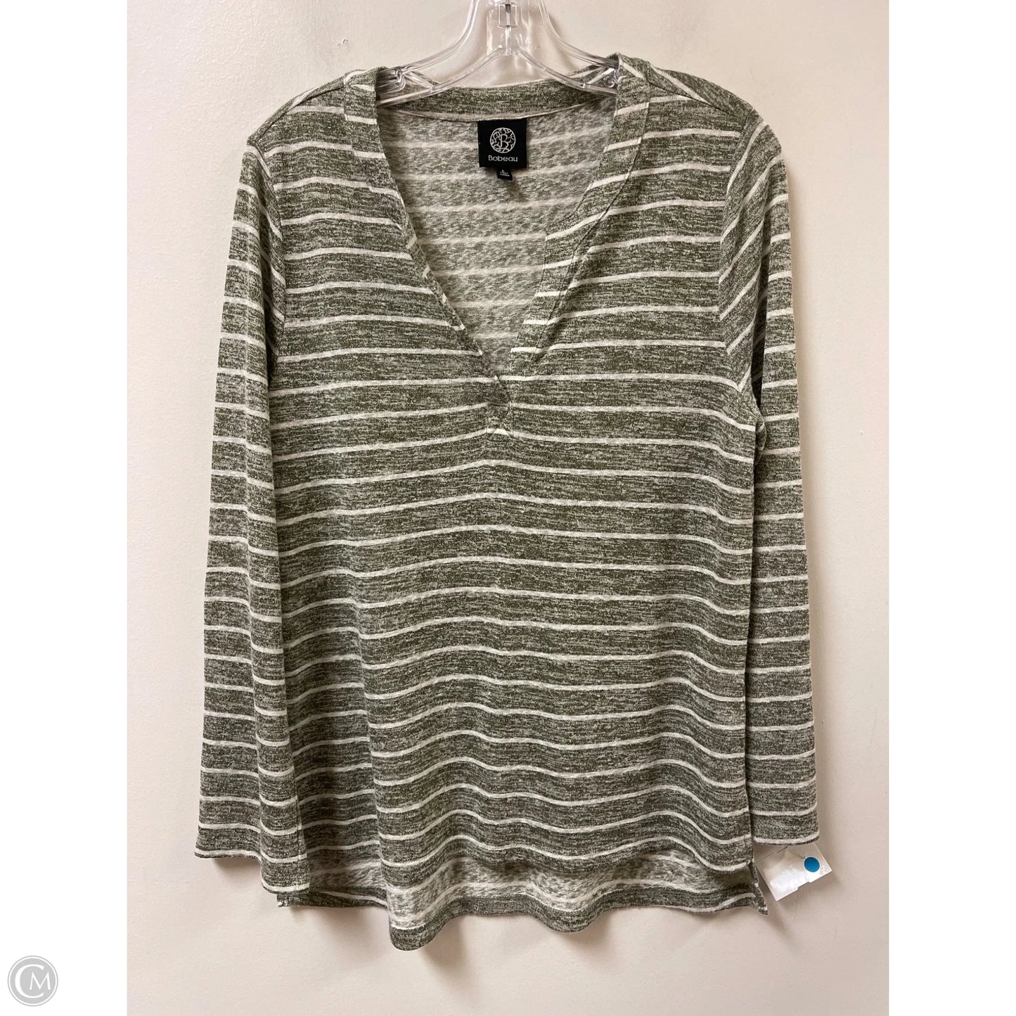 Top Long Sleeve By Bobeau In Green & White, Size: L