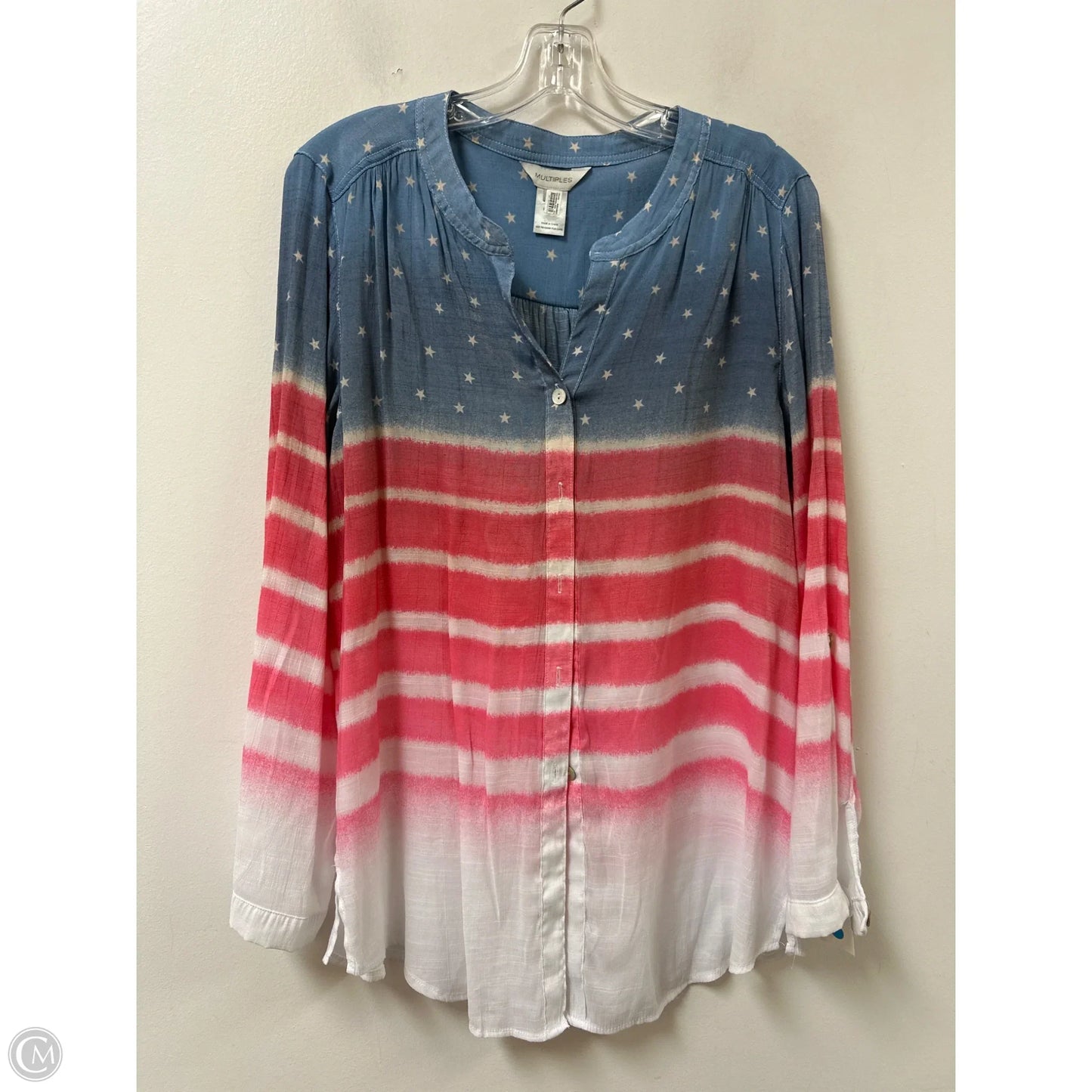 Blouse Long Sleeve By Multiples In Blue & Red & White, Size: M