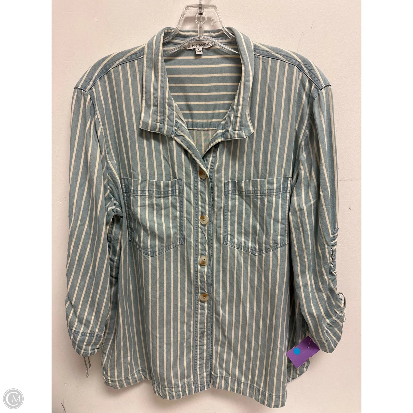 Blouse Long Sleeve By John Mark In Blue & Cream, Size: L