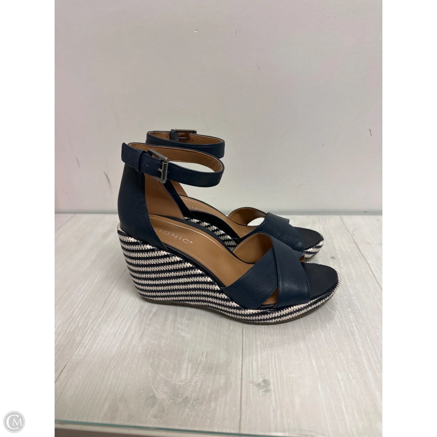 Sandals Heels Wedge By Vionic In Blue & Cream, Size: 10