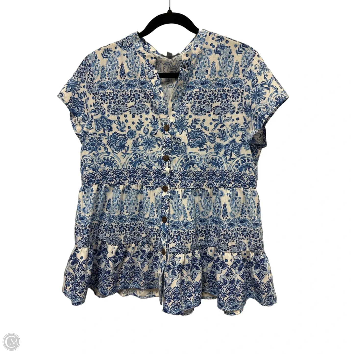 Blouse Short Sleeve By Clothes Mentor In Blue & White, Size: M