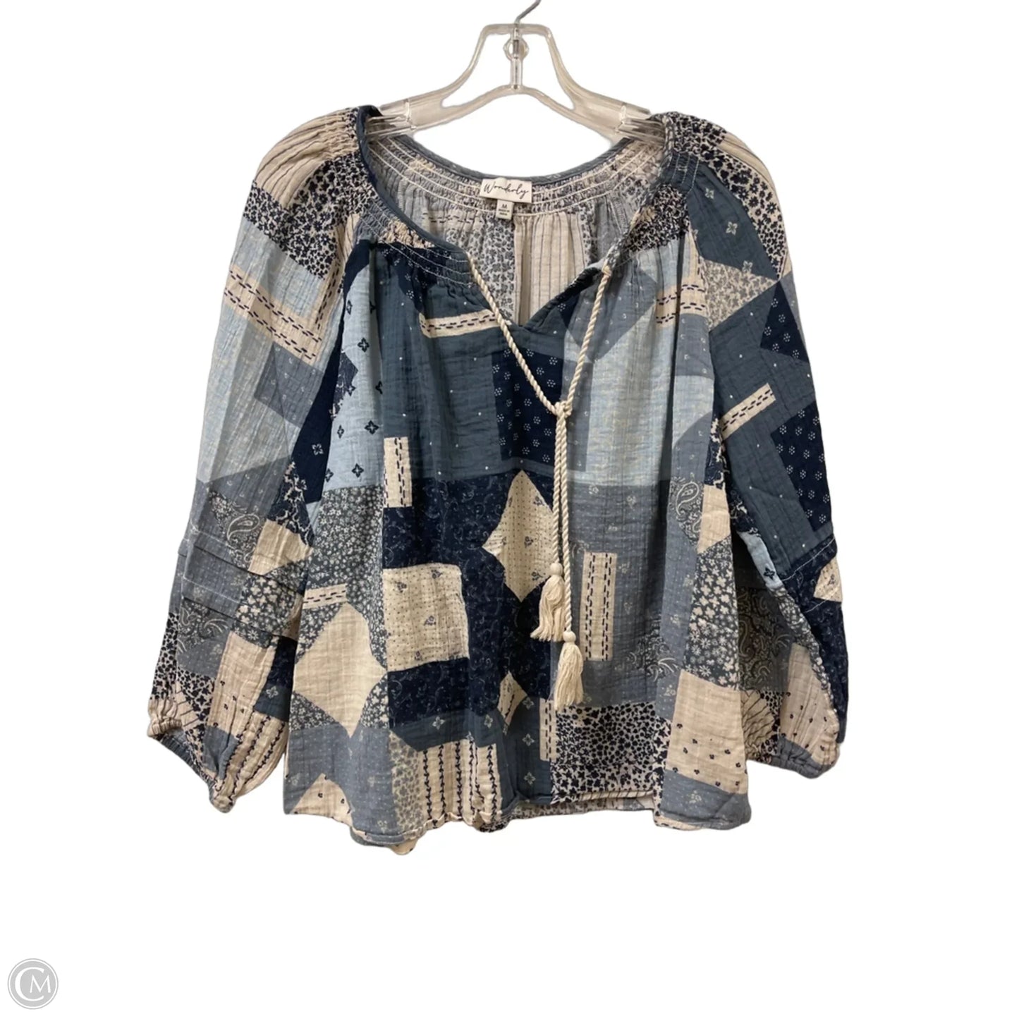 Top Long Sleeve By Wonderly In Blue & Cream, Size: M
