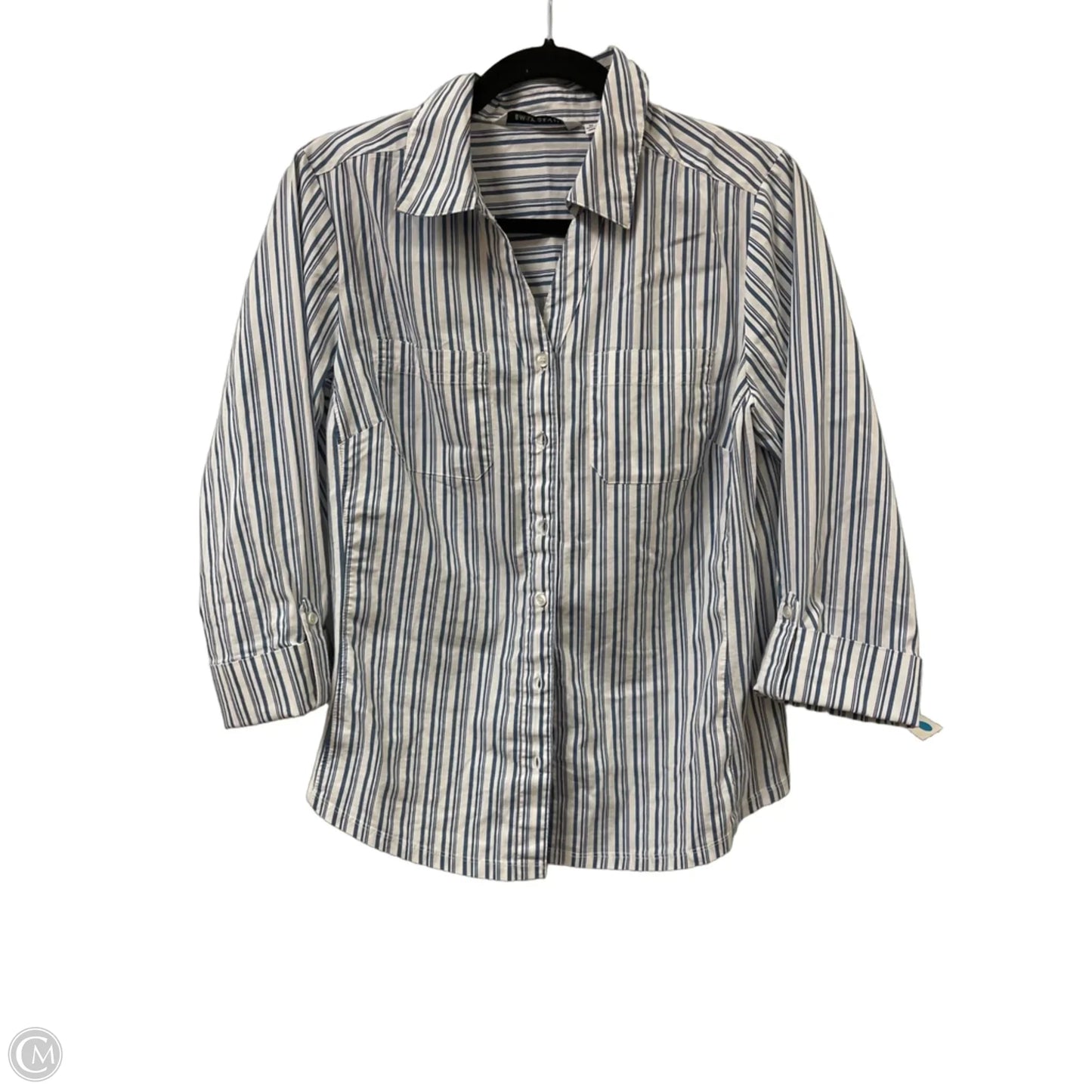 Blouse Long Sleeve By Emily Daniels In Blue & White, Size: M