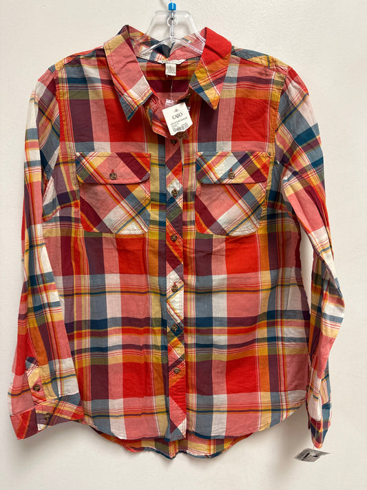 Blouse Long Sleeve By Cato In Plaid Pattern, Size: L