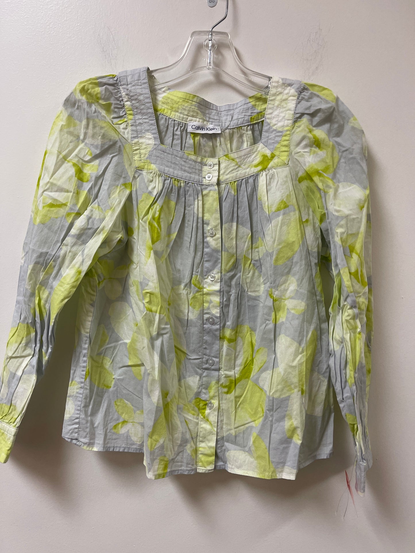 Blouse Long Sleeve By Calvin Klein In Grey & Yellow, Size: M