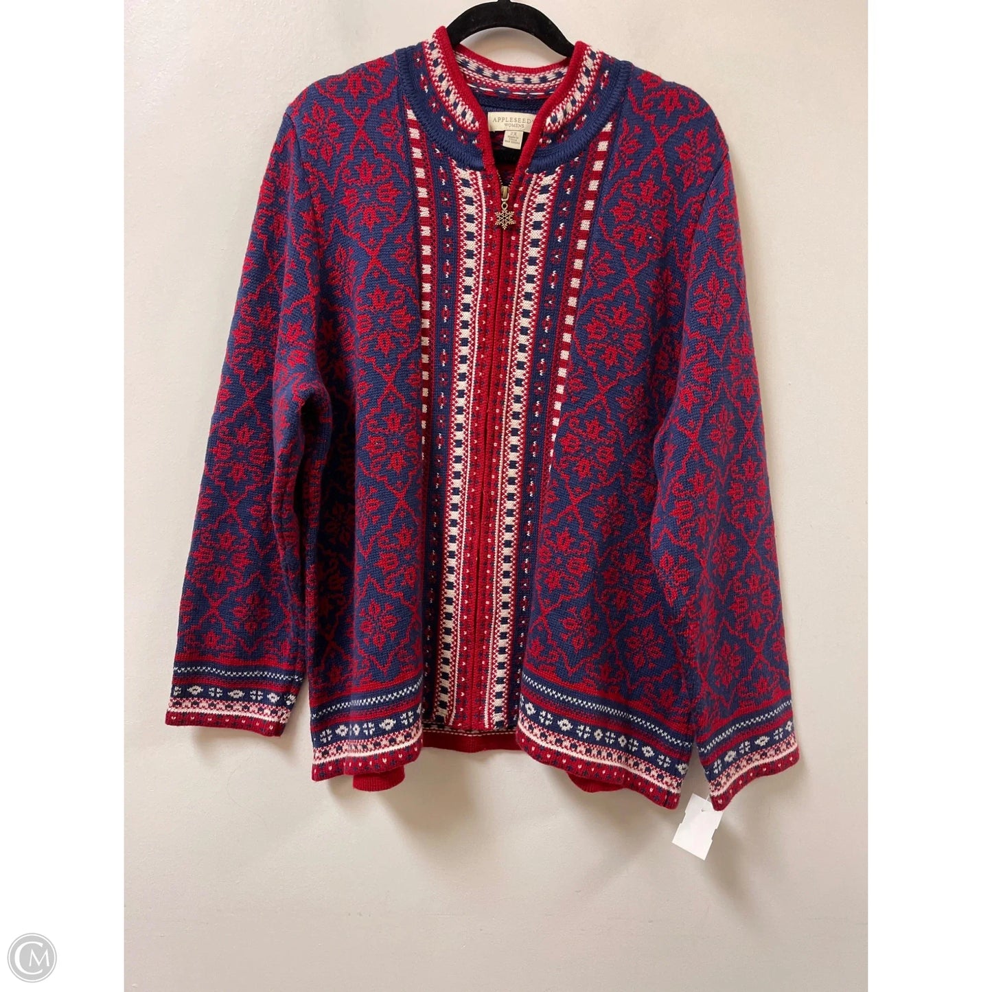 Sweater Cardigan By Appleseeds In Blue & Red & White, Size: 2x