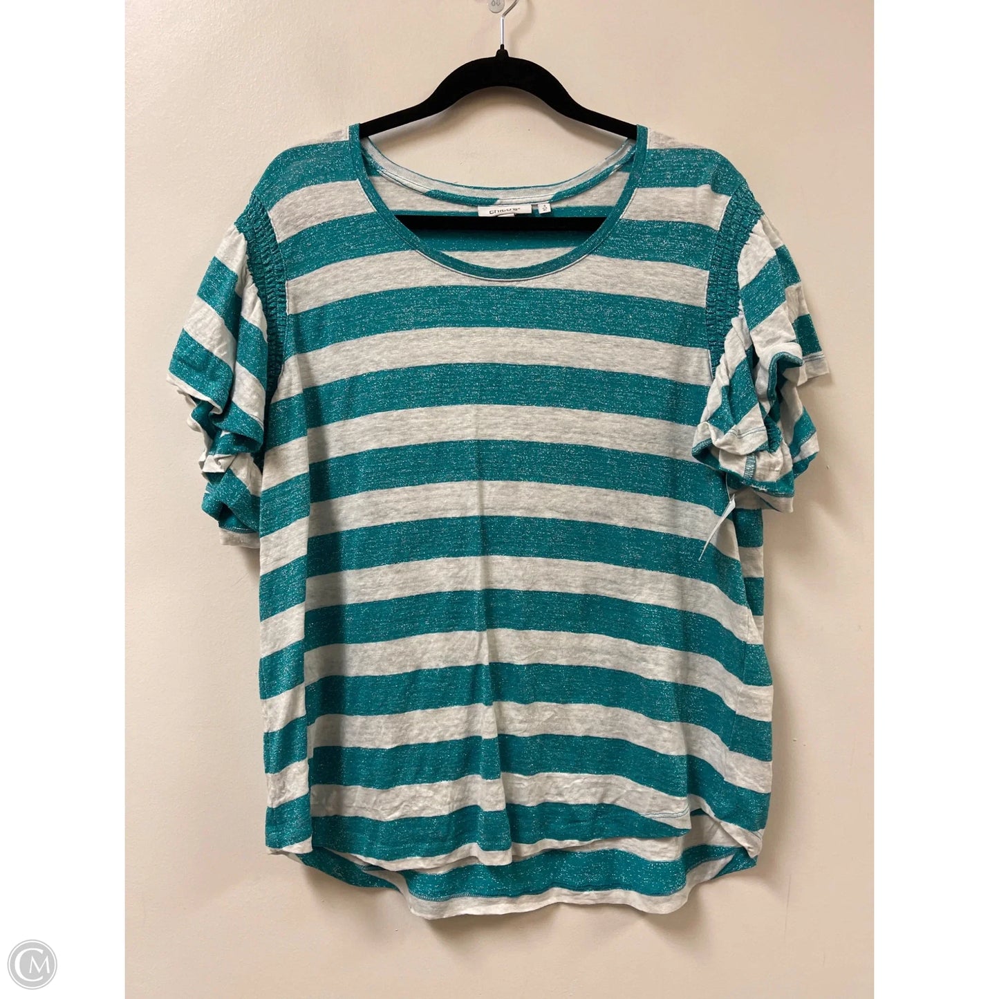 Top Short Sleeve By Chicos In Blue & White, Size: Xl