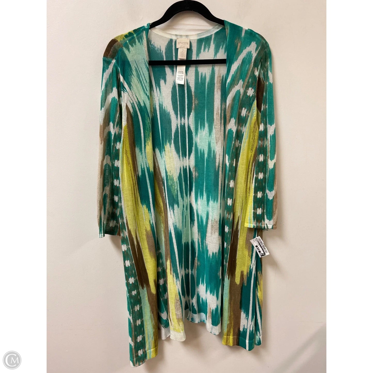 Sweater Cardigan By Chicos In Green & Yellow, Size: L