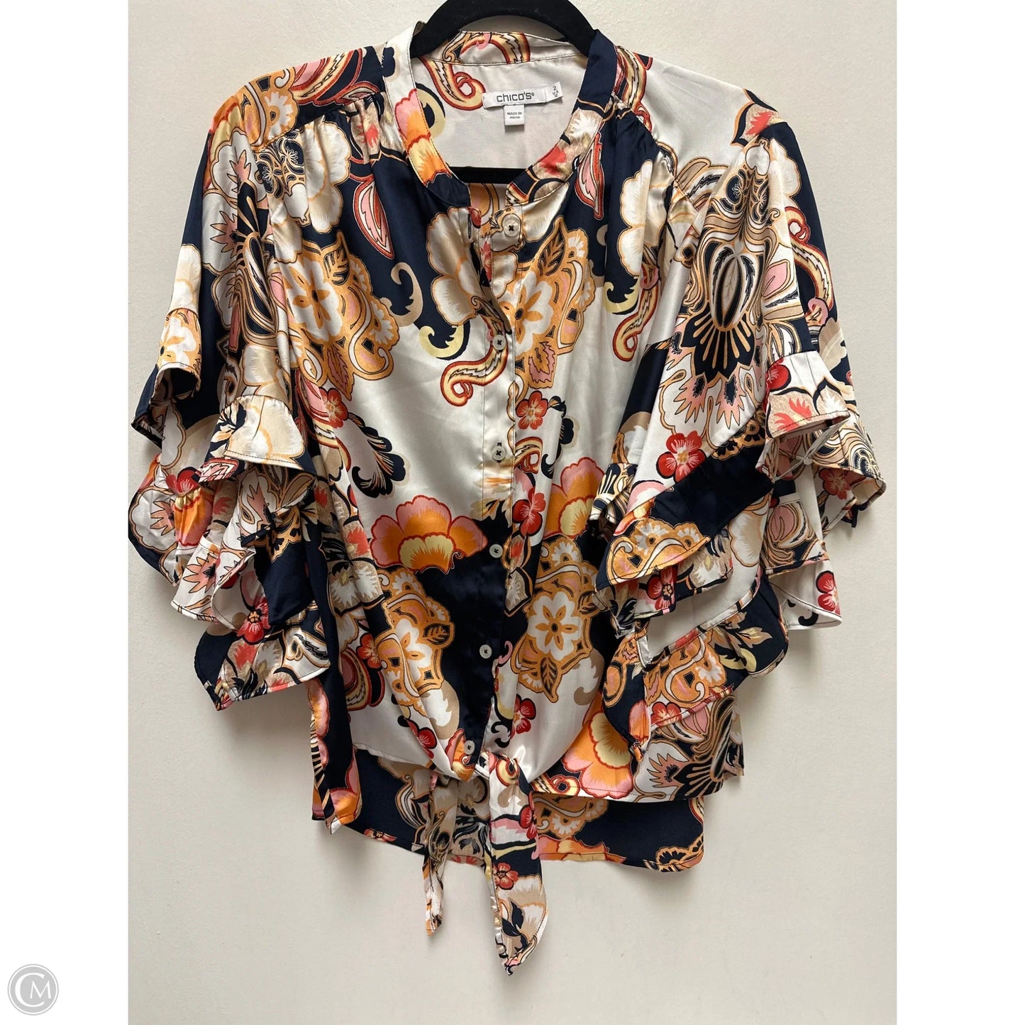 Blouse Short Sleeve By Chicos In Blue & Orange, Size: L