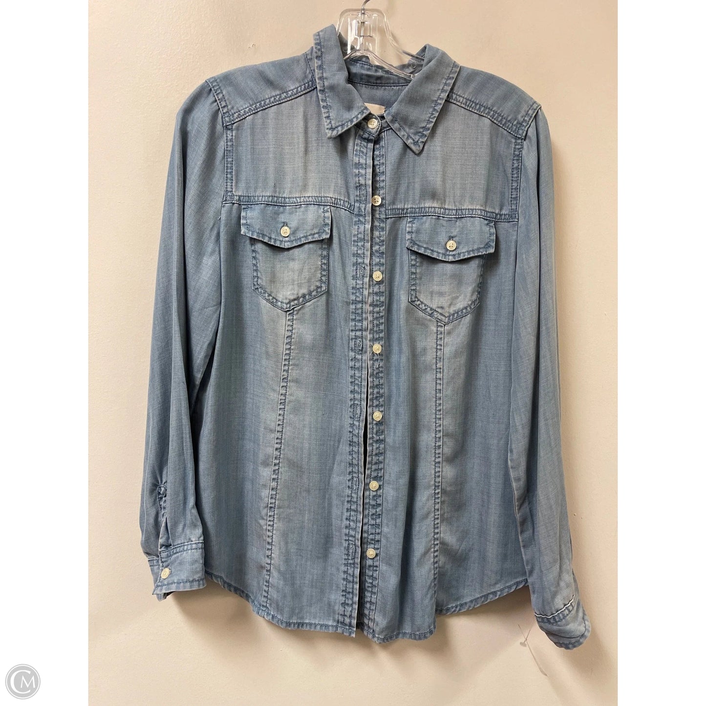 Blouse Long Sleeve By Chicos In Blue Denim, Size: S