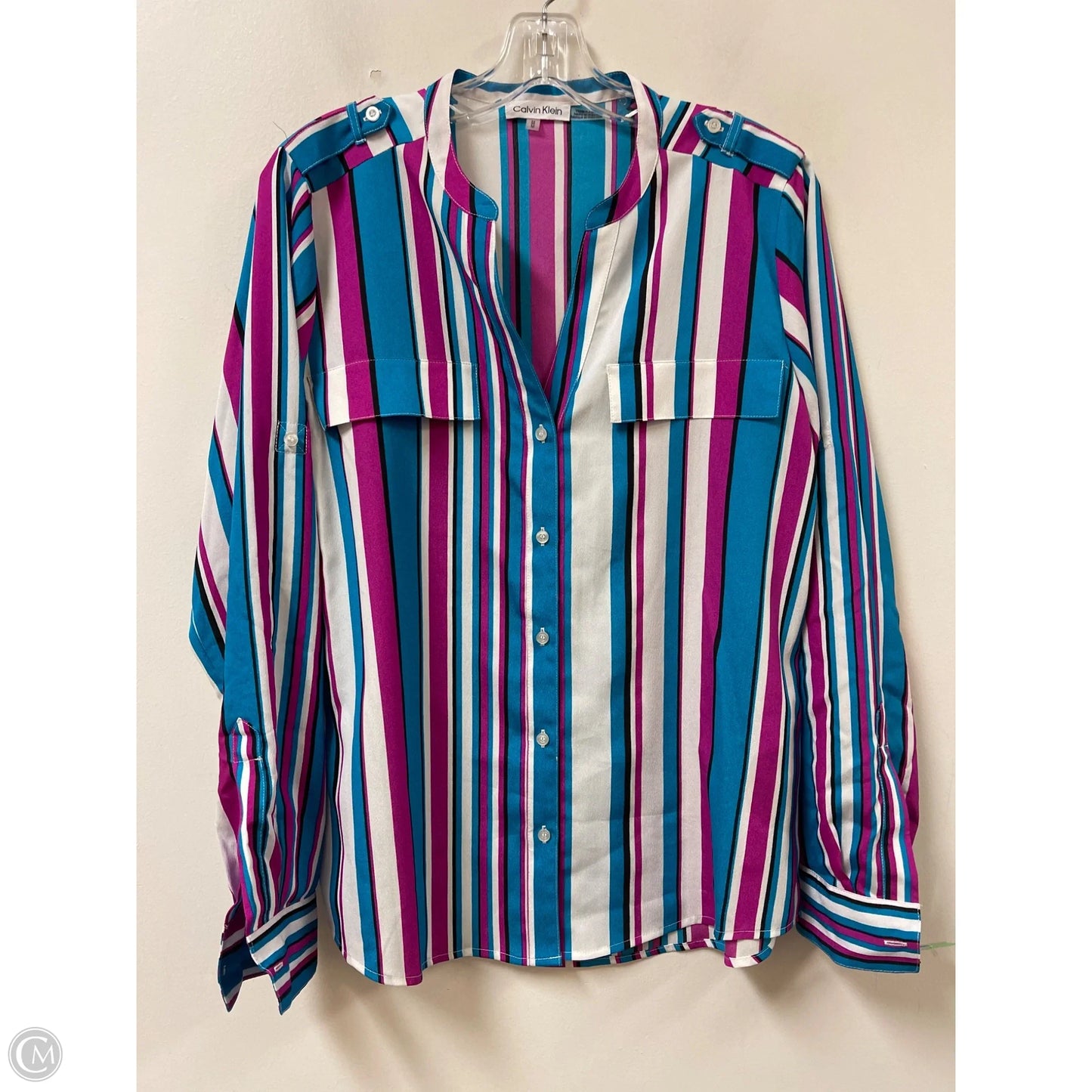 Blouse Long Sleeve By Calvin Klein In Striped Pattern, Size: M