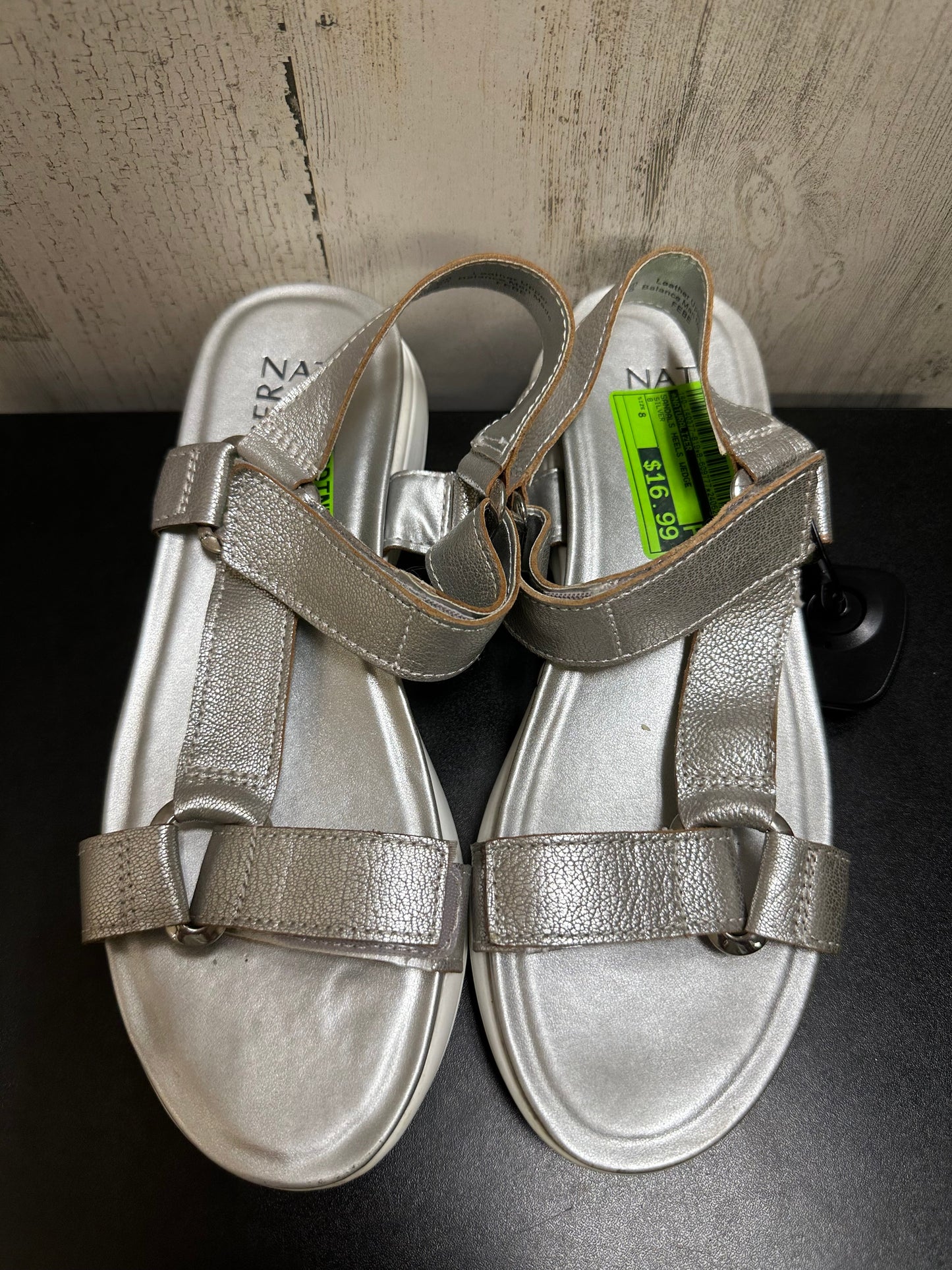 Silver Sandals Heels Wedge Naturalizer, Size 8