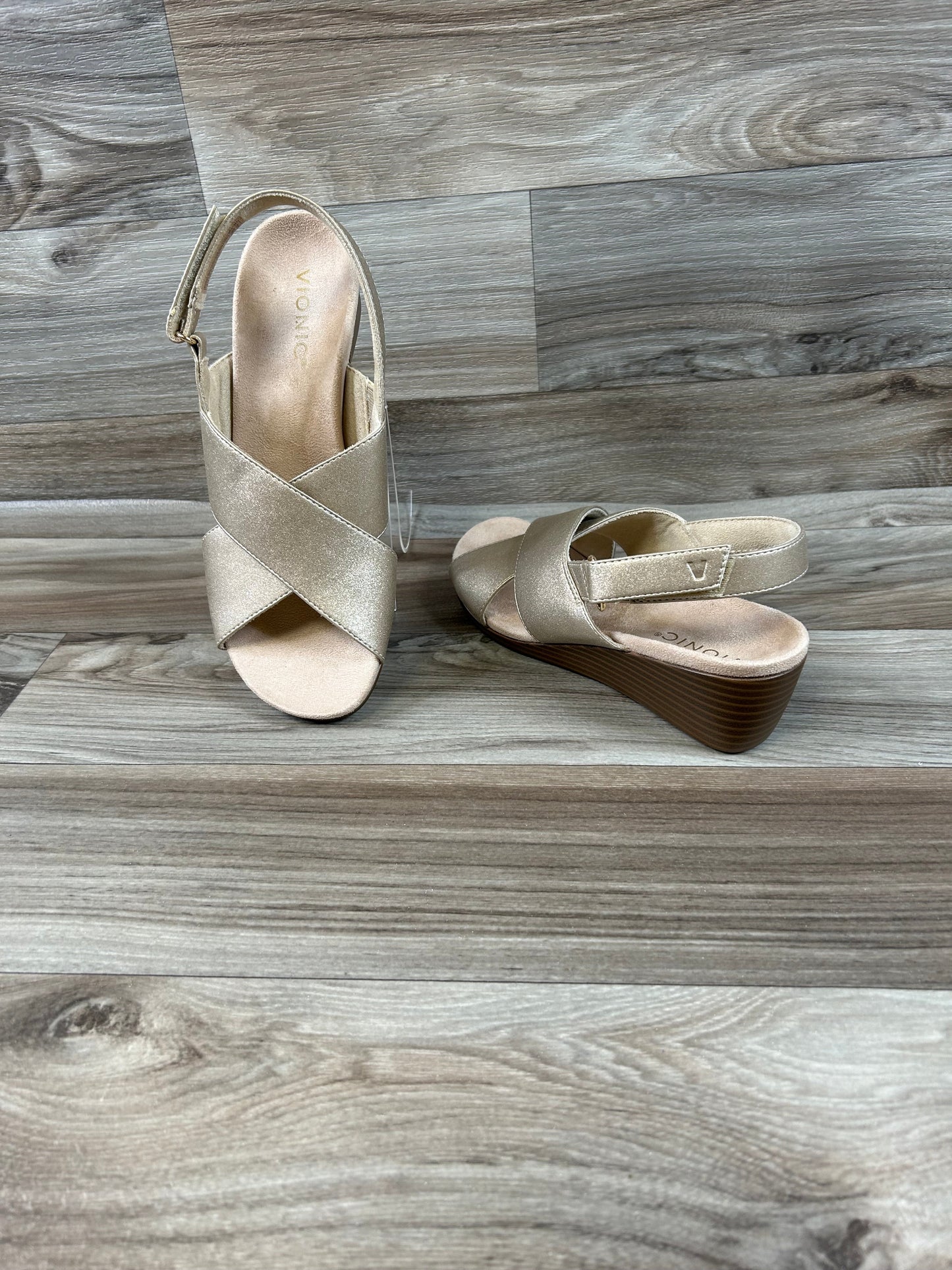 Gold Sandals Heels Wedge Vionic, Size 9