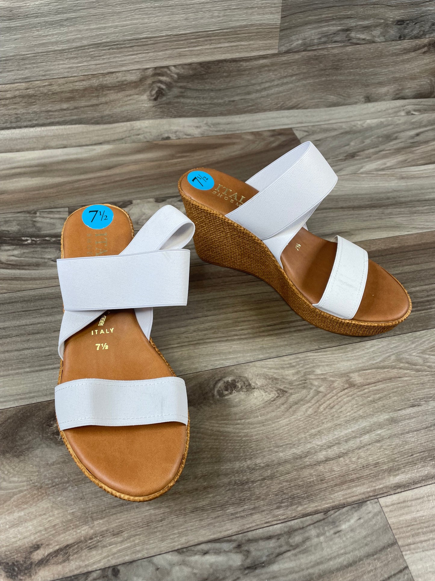 White Sandals Heels Wedge Italian Shoemakers, Size 7.5