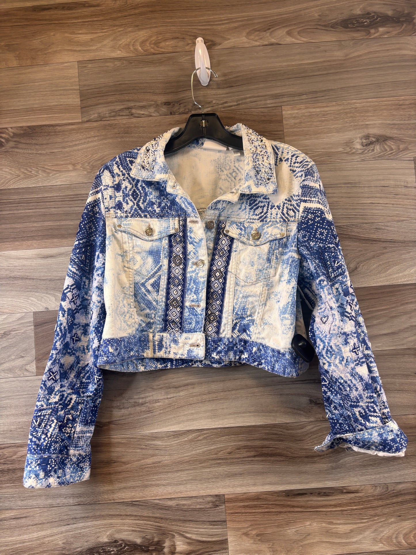 Jacket Denim By Chicos In Blue & White, Size: M