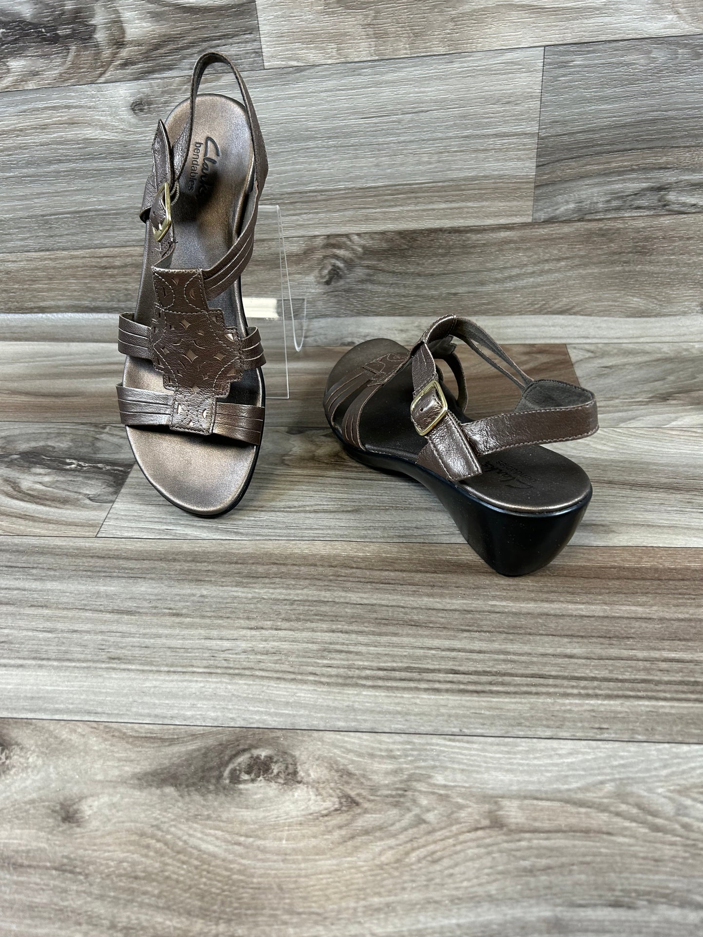 Silver Sandals Heels Wedge Clarks, Size 8.5