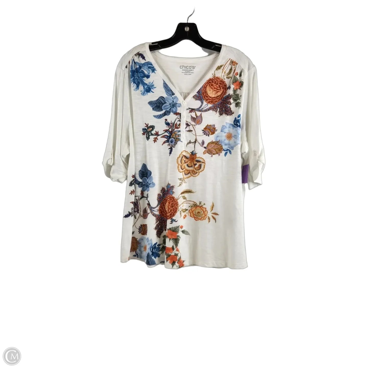 Top Short Sleeve By Chicos In Blue & Orange, Size: Xl