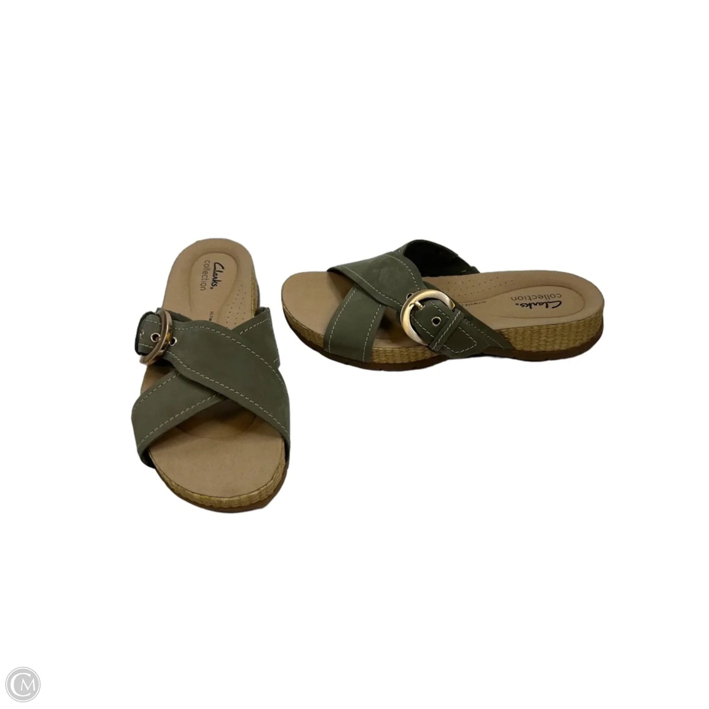 Sandals Flats By Clarks In Green & Tan, Size: 8