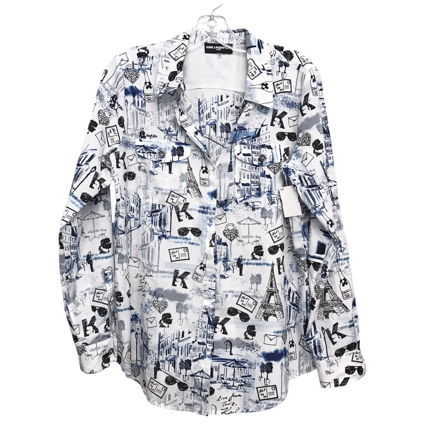 Top Long Sleeve Designer By Karl Lagerfeld In Blue & White, Size: S