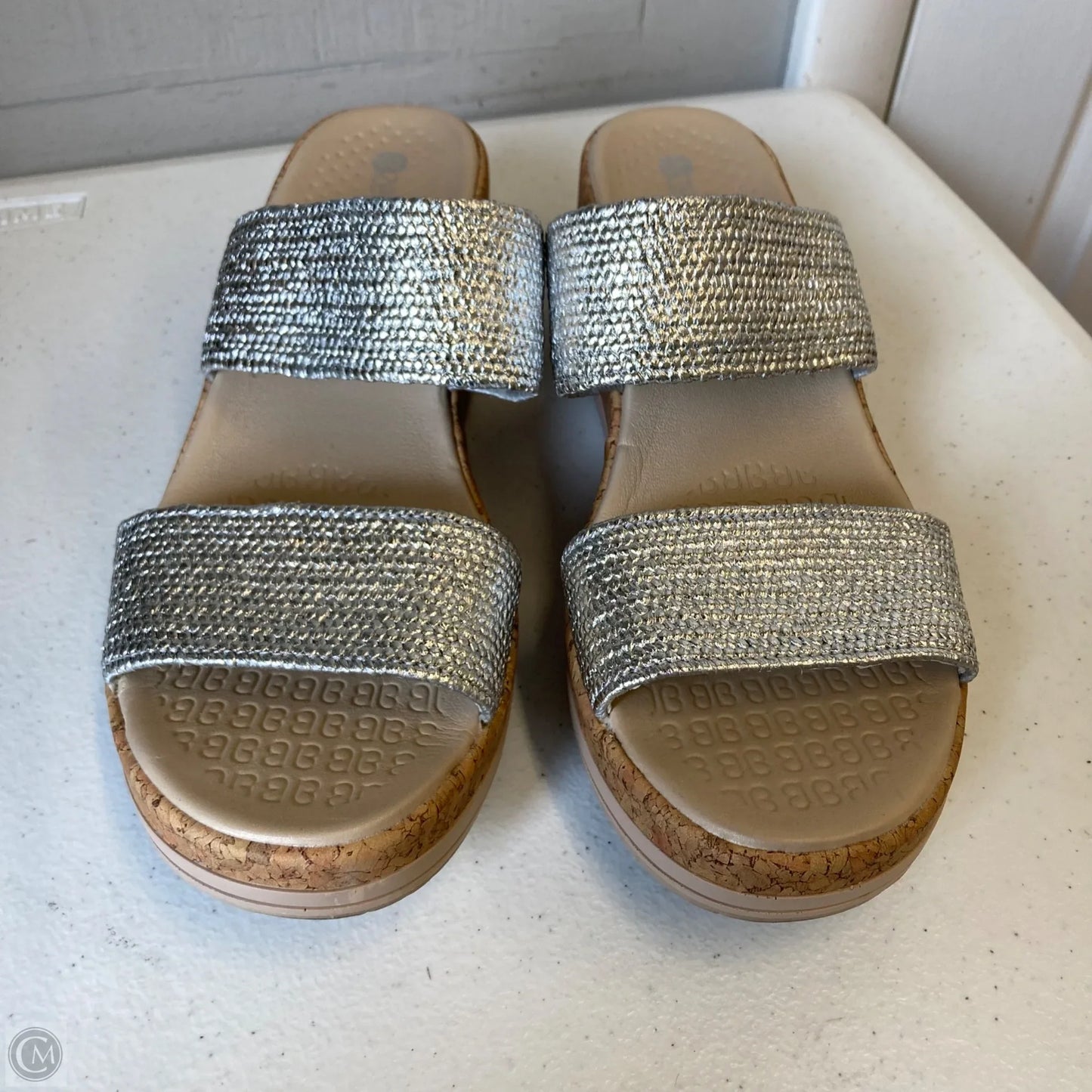 Sandals Heels Wedge By Bzees In Silver, Size: 8.5