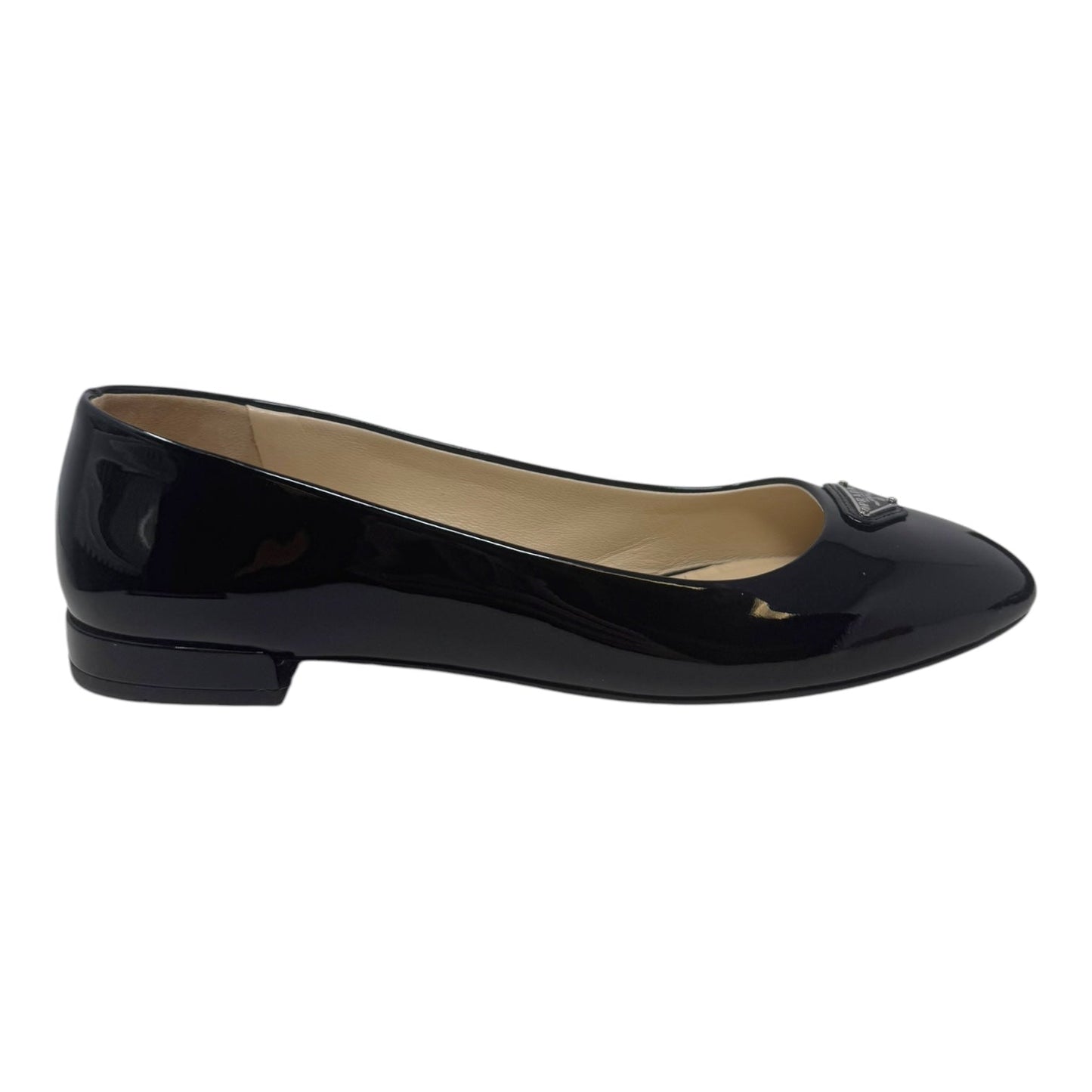 Logo Ballerina Flats Luxury Designer By Prada In Black Patent Leather, Size: 9