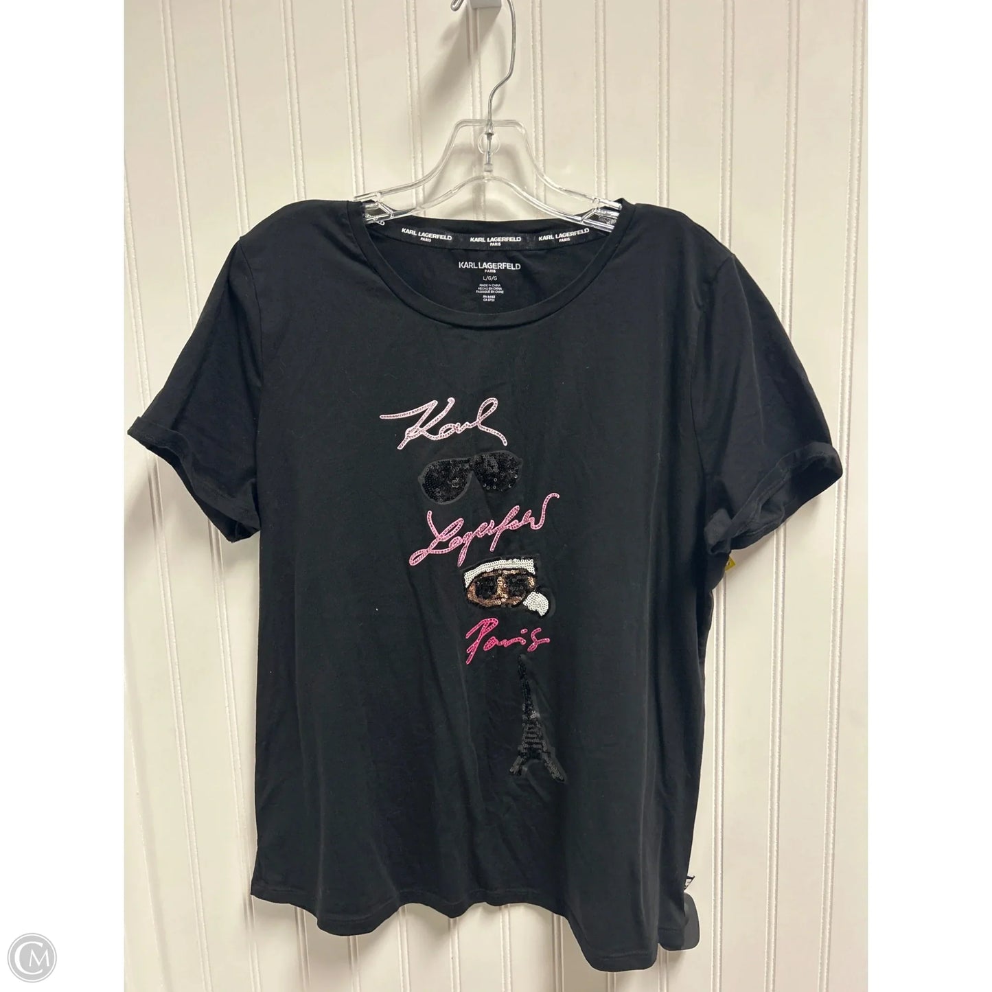 Top Short Sleeve Designer By Karl Lagerfeld In Black, Size: L