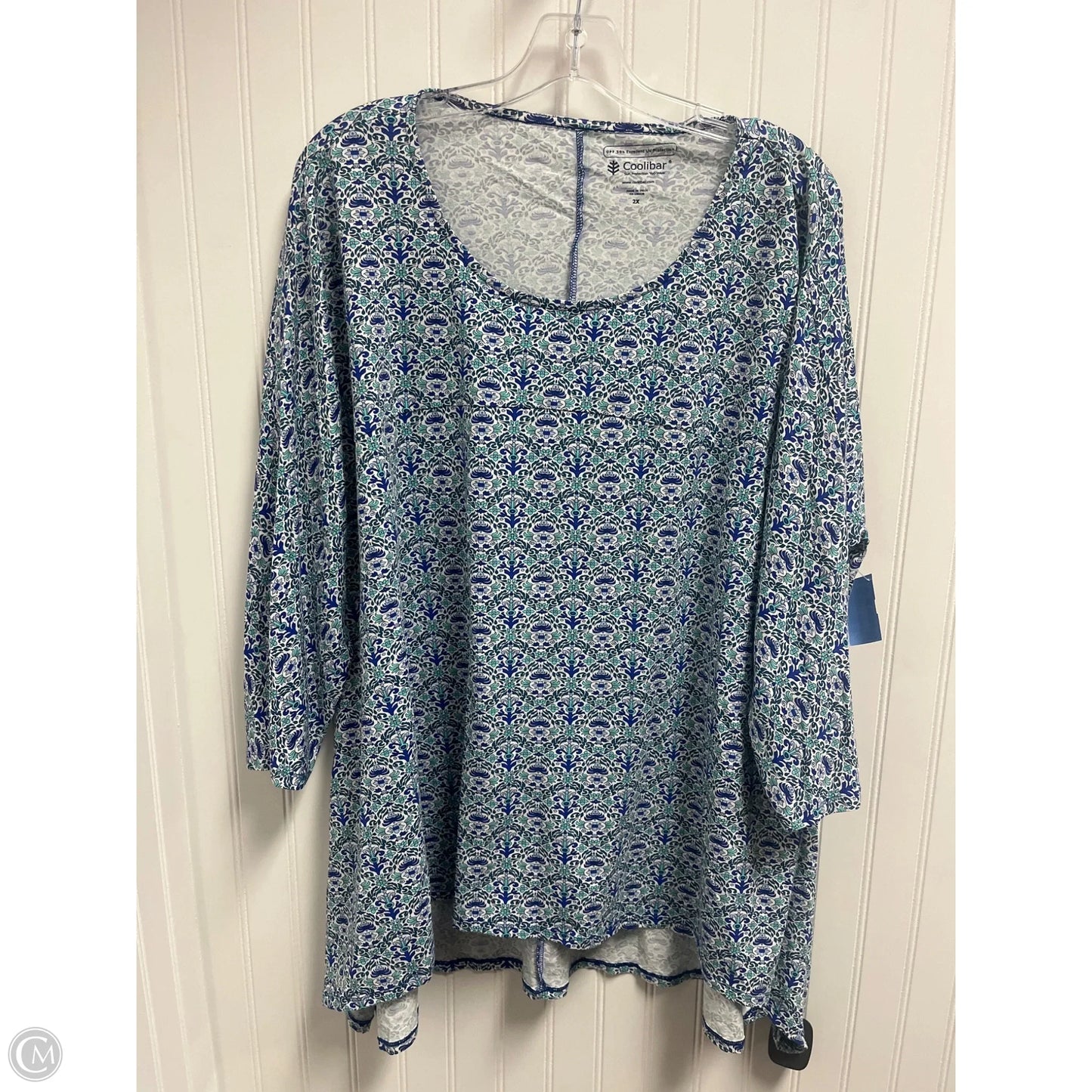 Top 3/4 Sleeve By Coolibar In Blue & White, Size: 2x