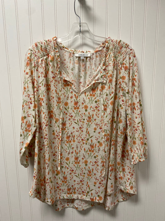 White Top Long Sleeve Rose And Olive, Size 1x