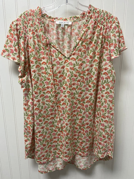 Beige Top Short Sleeve Rose And Olive, Size 1x