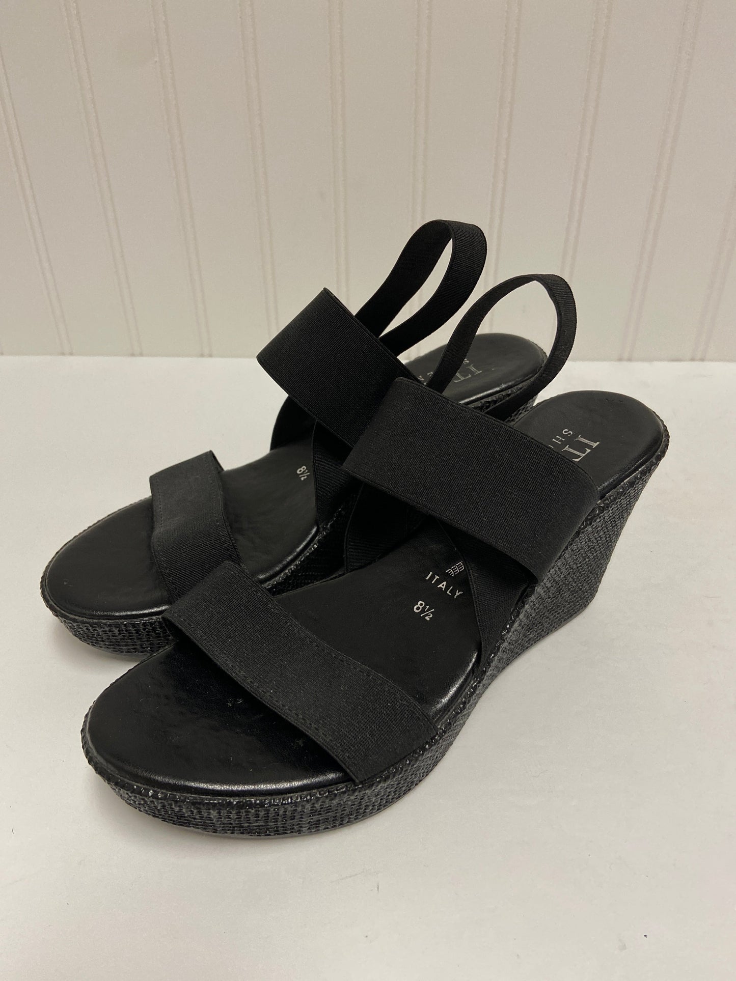 Black Sandals Heels Wedge Italian Shoemakers, Size 8.5