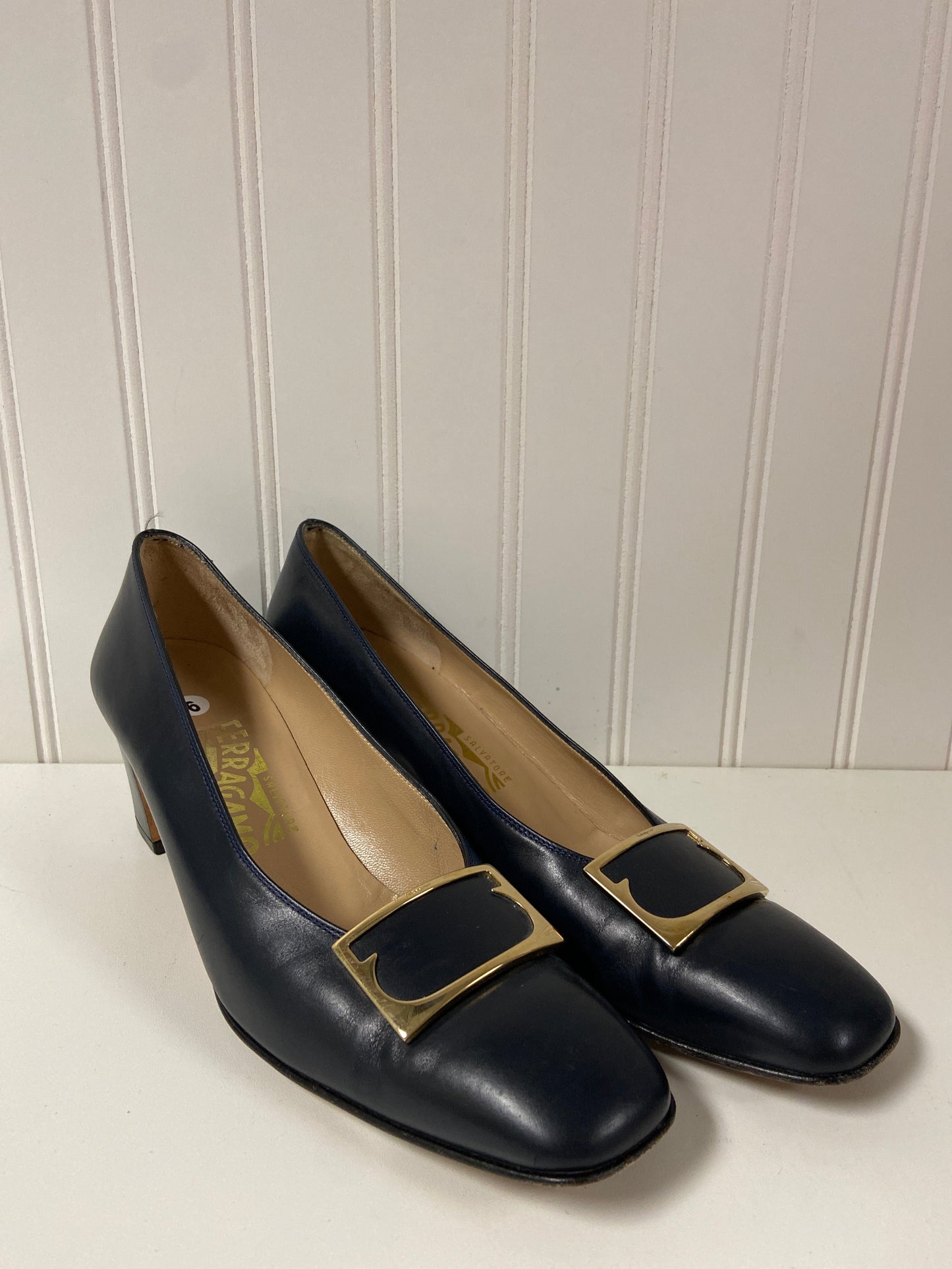 Navy Shoes Heels Wedge Ferragamo, Size 9