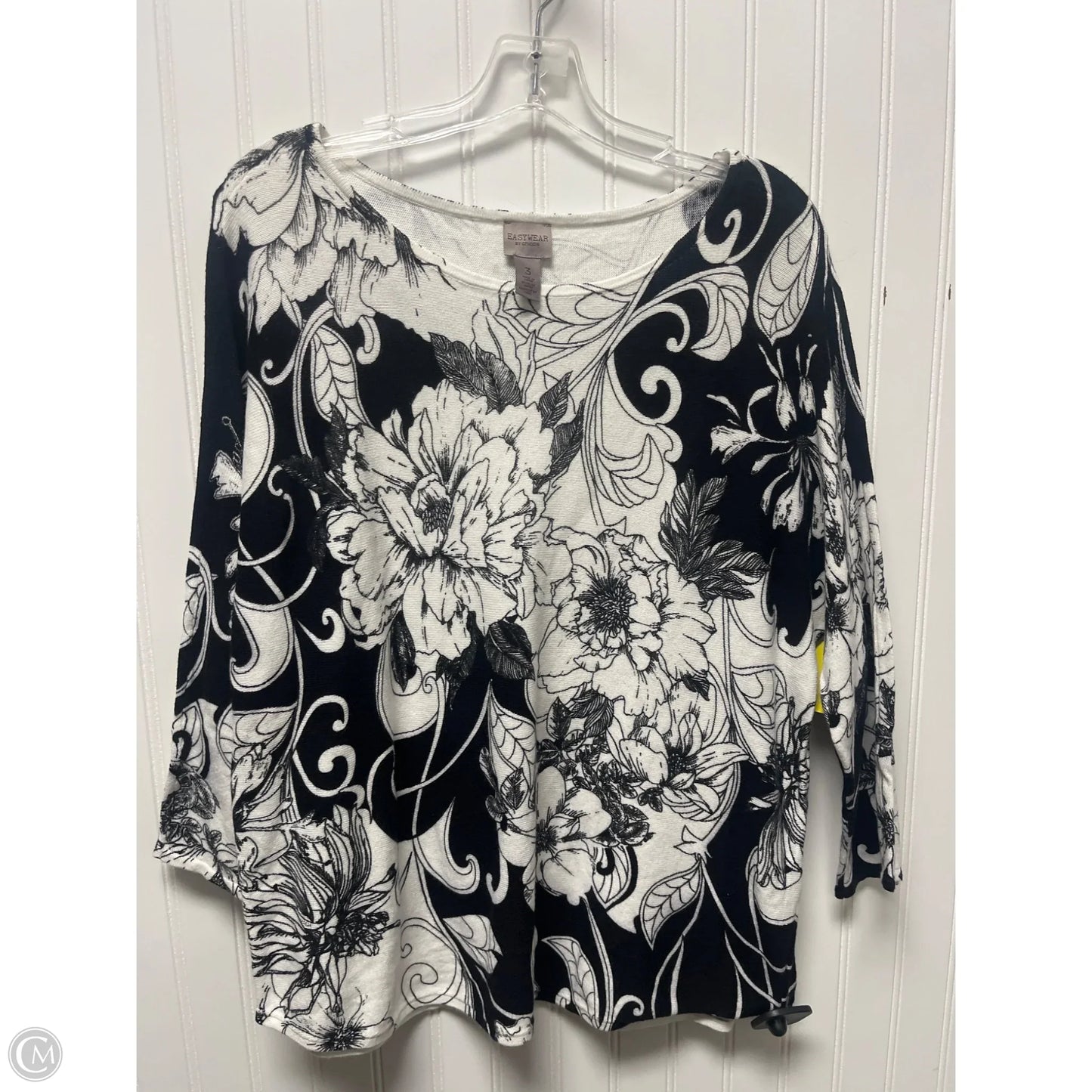 Top 3/4 Sleeve By Chicos In Black & White, Size: Xl