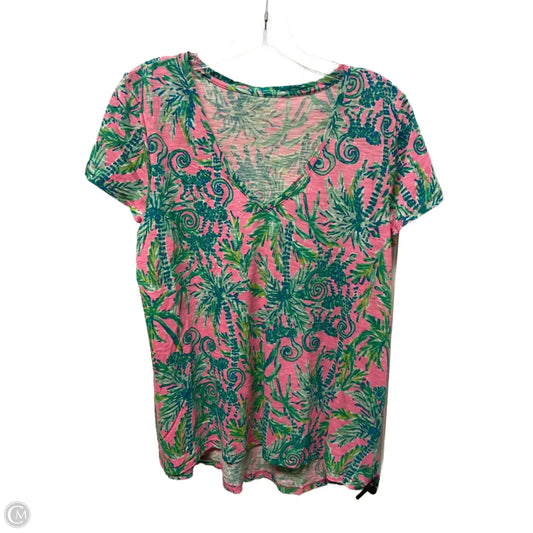 Top Short Sleeve Designer By Lilly Pulitzer In Green & Pink, Size: L